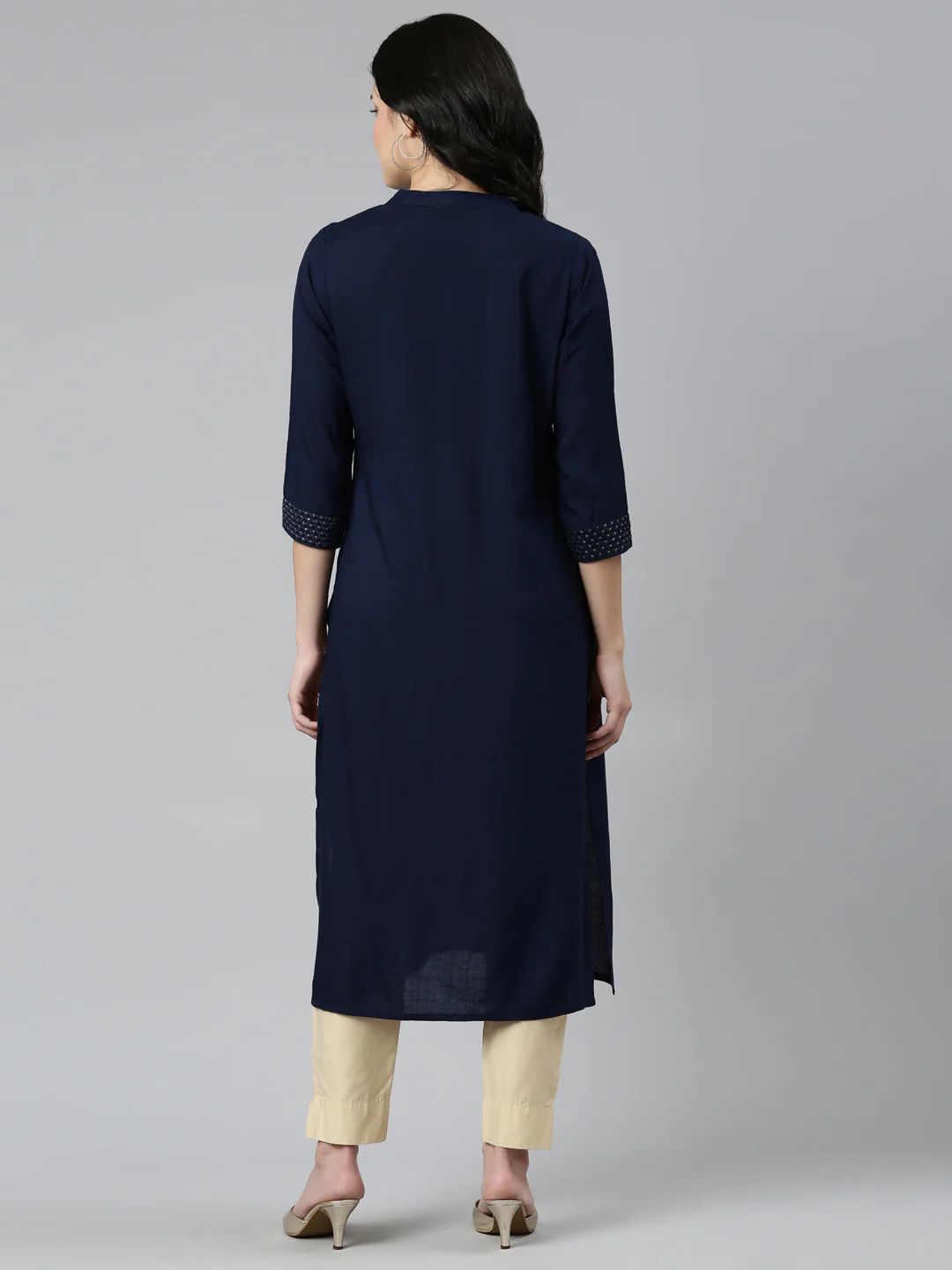 Neerus Navy Blue Tiered Straight Solid Kurta - Image 3