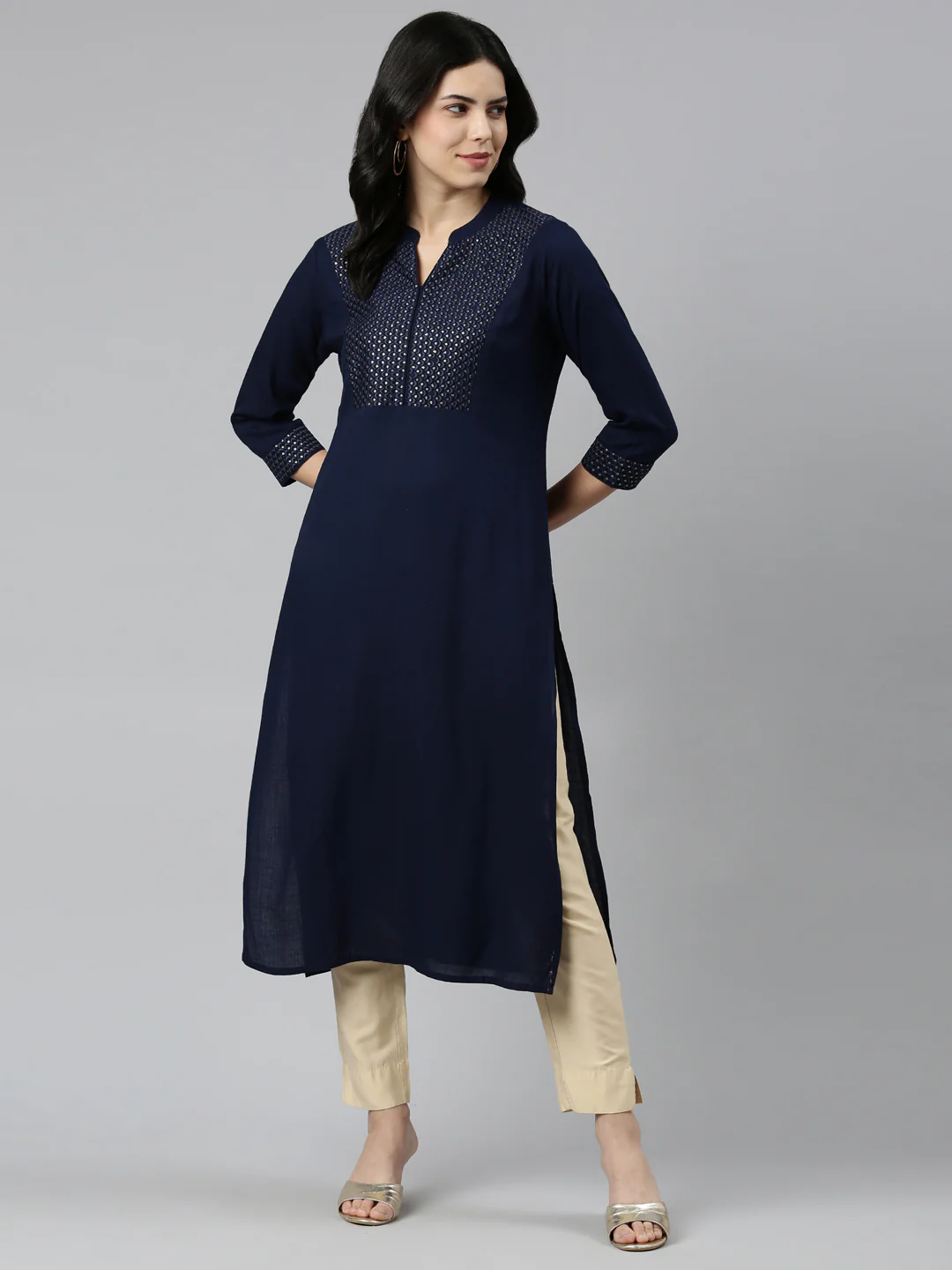 Neerus Navy Blue Tiered Straight Solid Kurta - Image 5