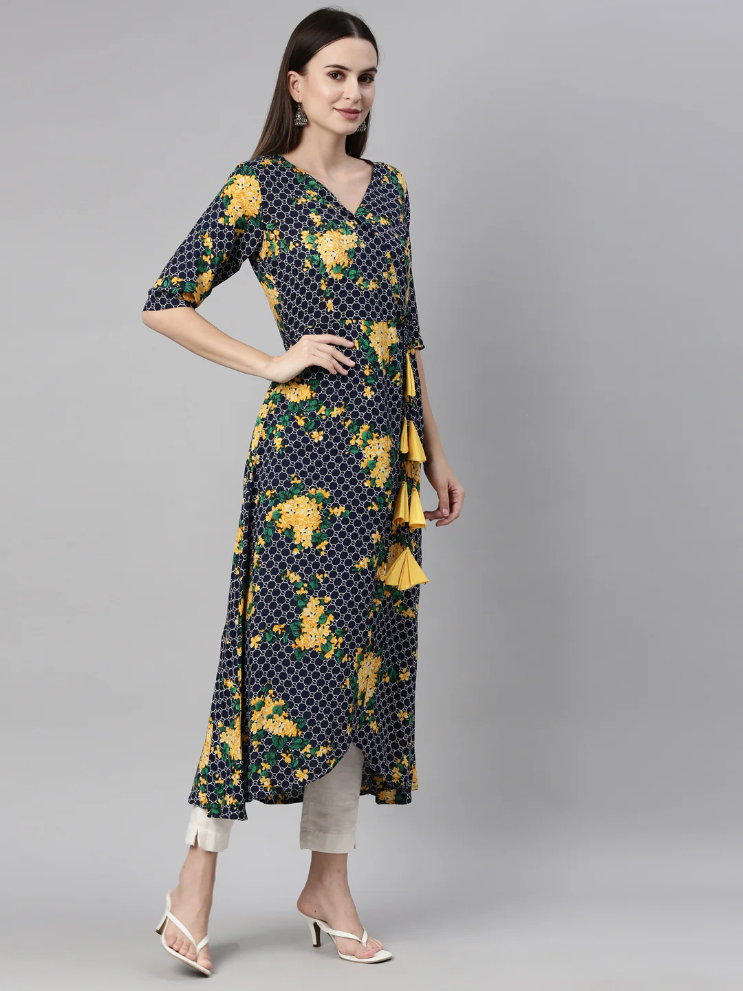 Neerus Navy Blue Yellow Color Rayon Fabric Kurta - Image 4