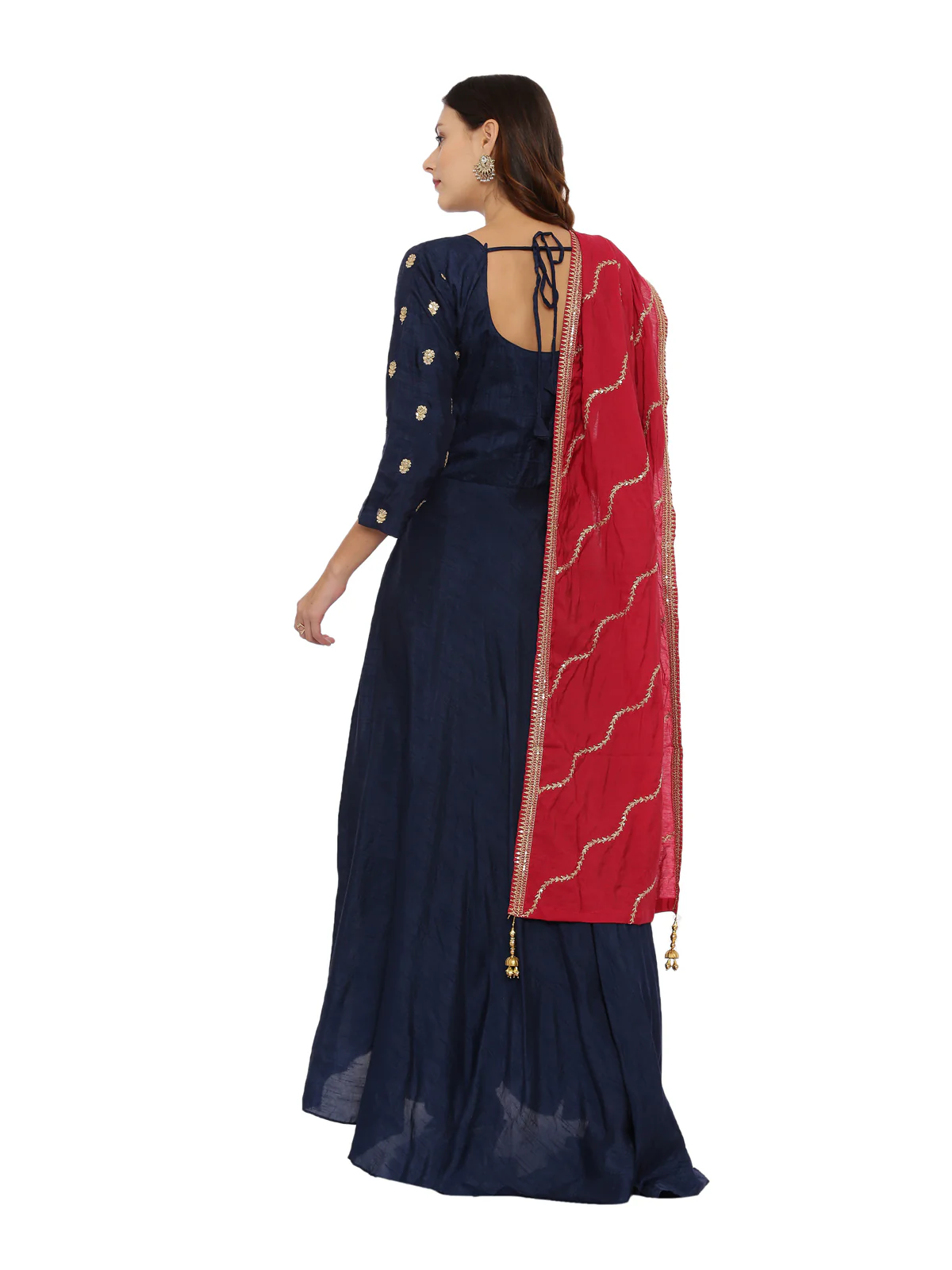 Neerus Navy Embroidered Kurta With Churidar & Dupatta - Image 4