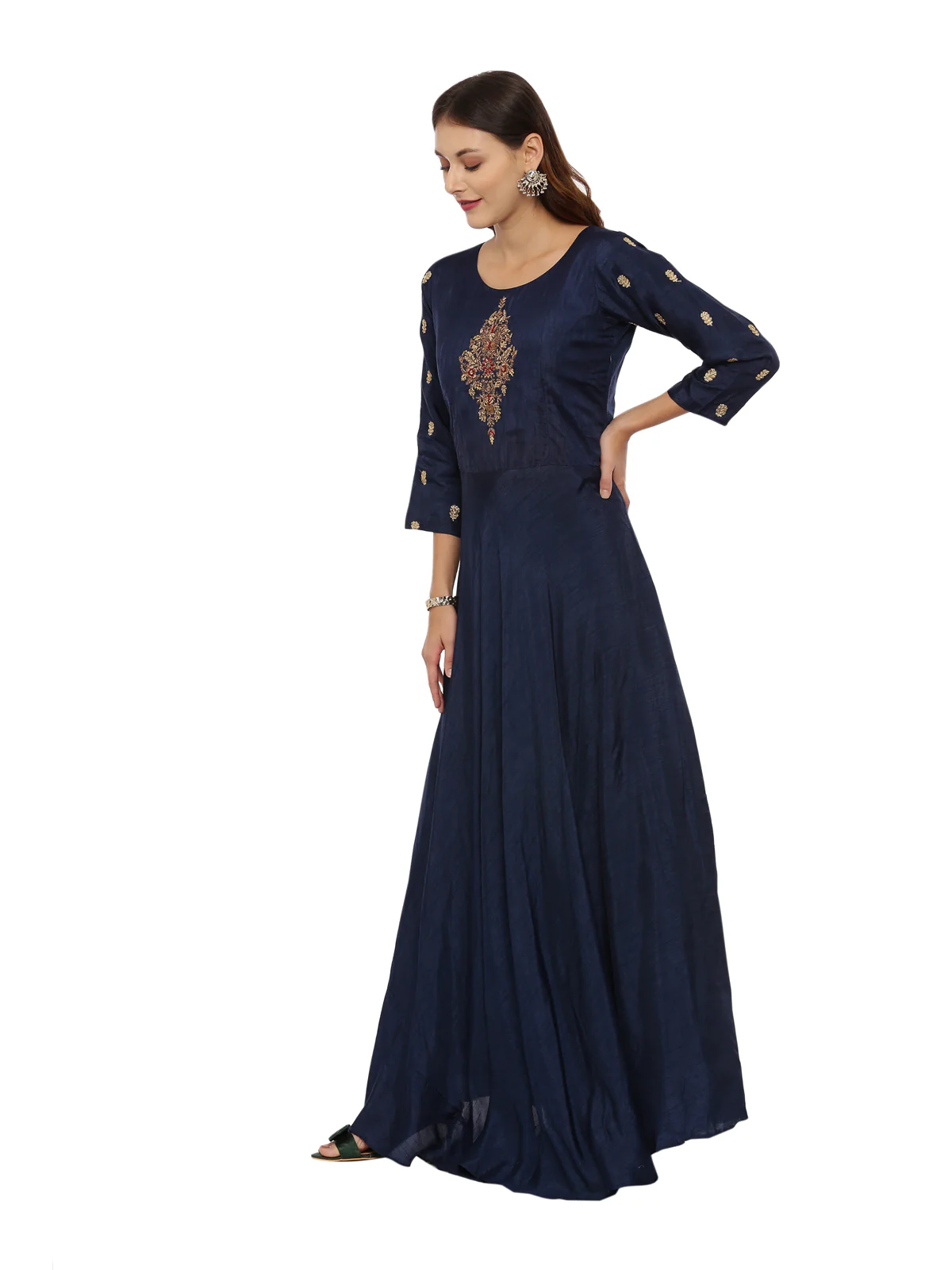 Neerus Navy Embroidered Kurta With Churidar & Dupatta - Image 5