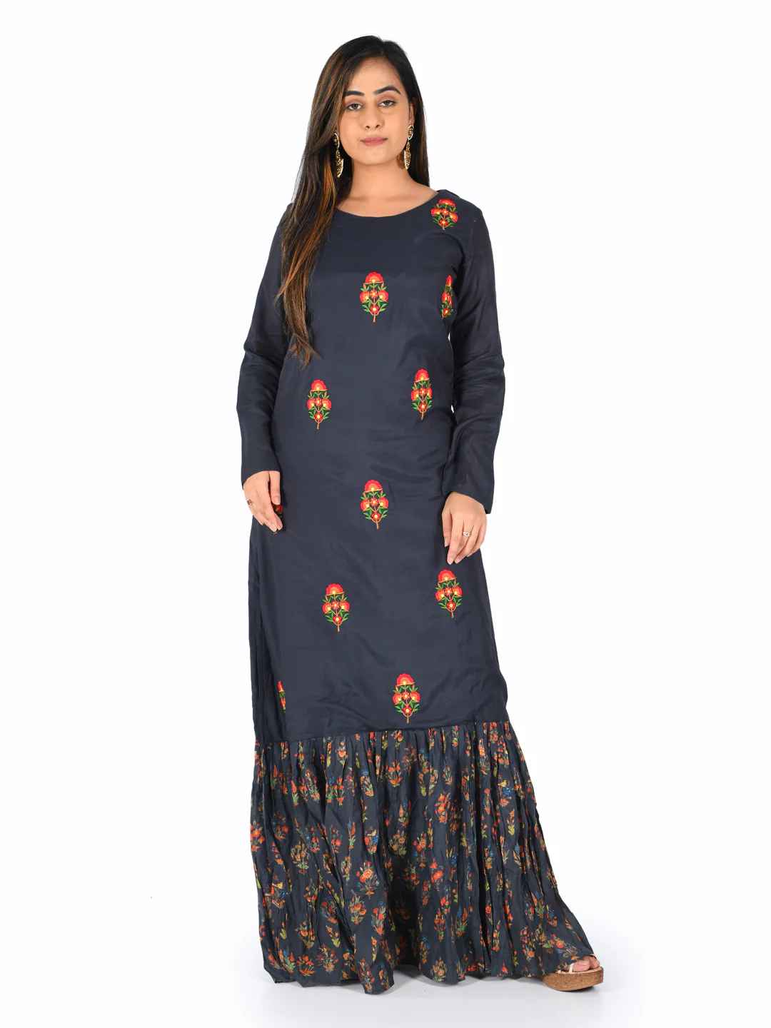 Neerus Navy Embroidered Straight Kurta - Image 5