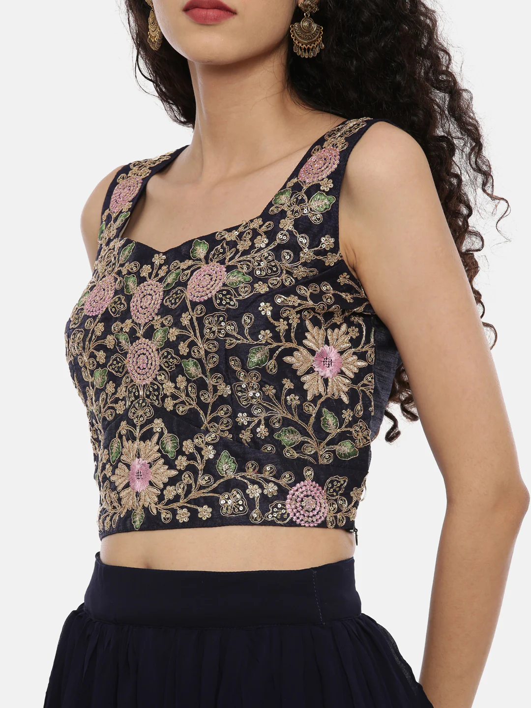 Neerus Navy Embroidered Top Skirt Set With Jacket & Shrug - Image 3