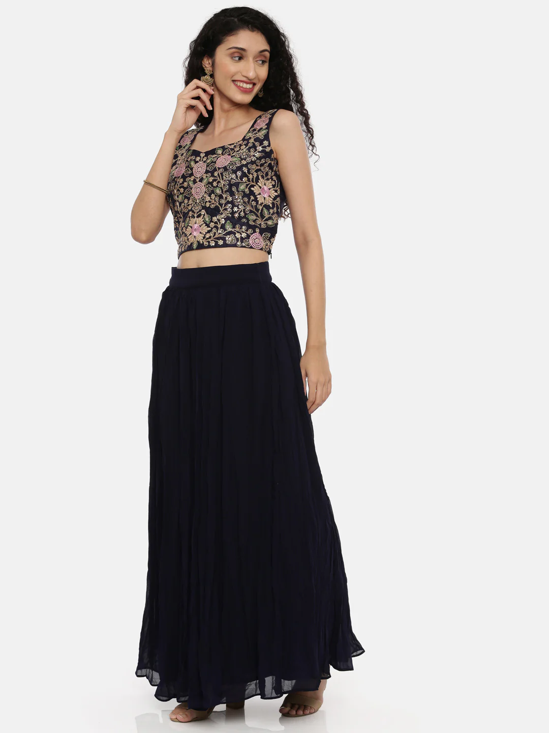 Neerus Navy Embroidered Top Skirt Set With Jacket & Shrug - Image 4