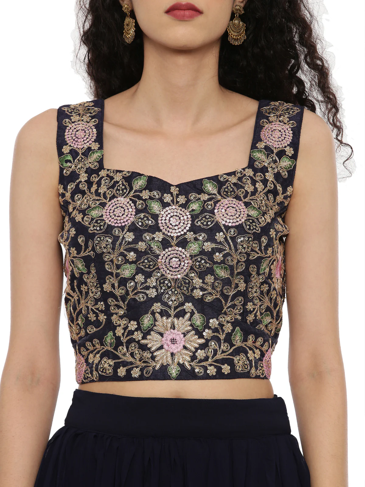Neerus Navy Embroidered Top Skirt Set With Jacket & Shrug - Image 5