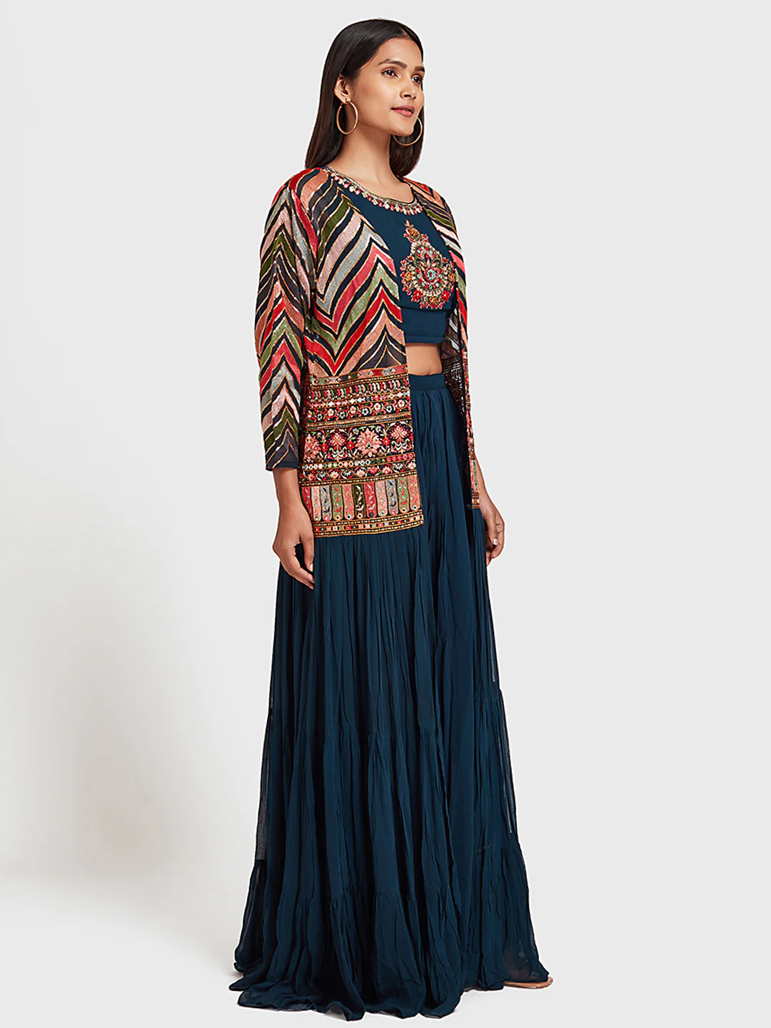 Neerus Navy Embroidered Top & Skirt Set With Shrug