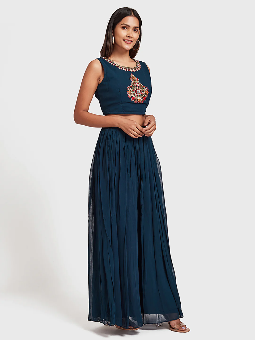 Neerus Navy Embroidered Top & Skirt Set With Shrug - Image 5