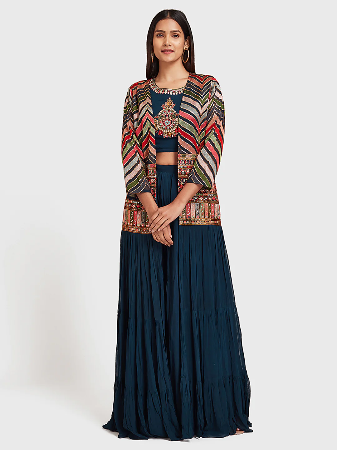 Neerus Navy Embroidered Top & Skirt Set With Shrug - Image 7