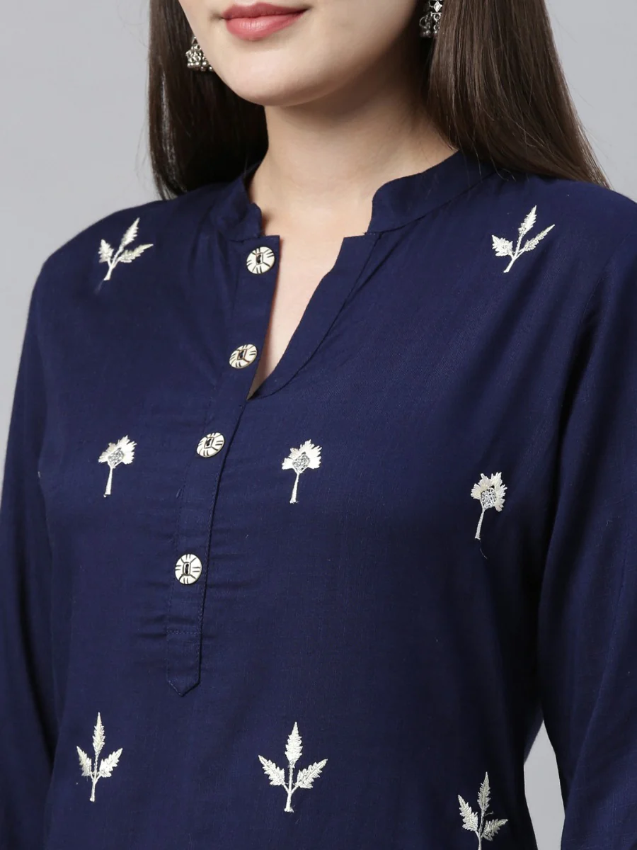Neerus Navy & Off White Embroidered Kurta & Palazzo Set - Image 3