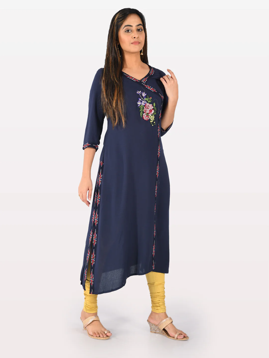 Neerus Navy Printed A Line Kurta - Image 4