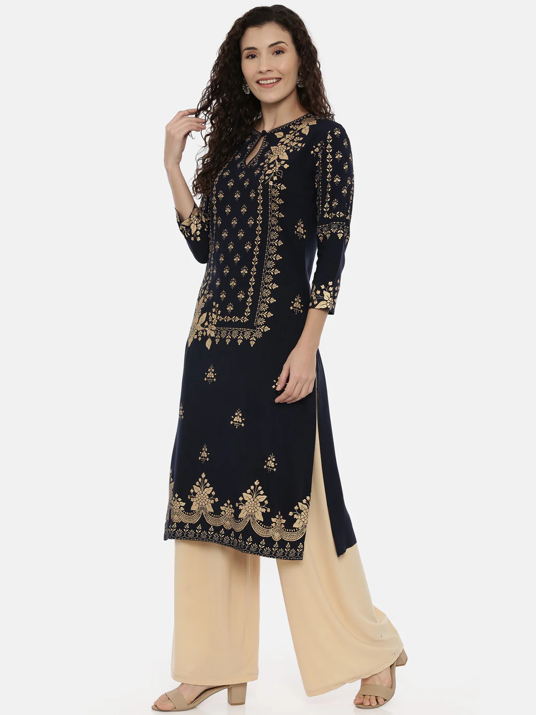 Neerus Navy Printed Straight Kurta - Image 5