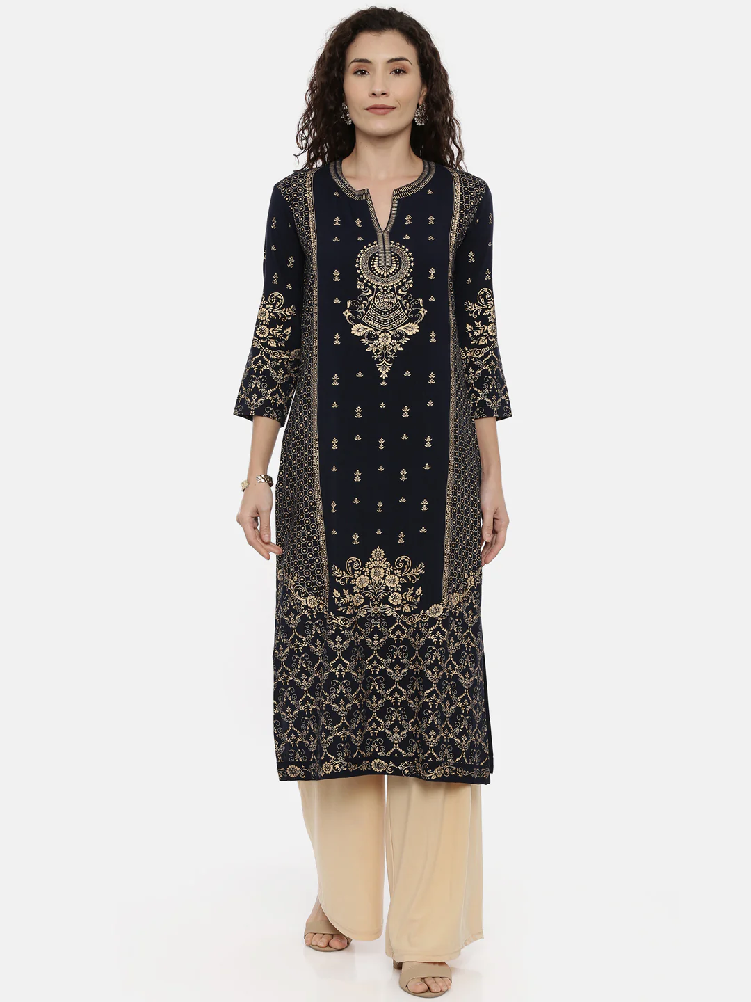 Neerus Navy Printed Straight Kurta