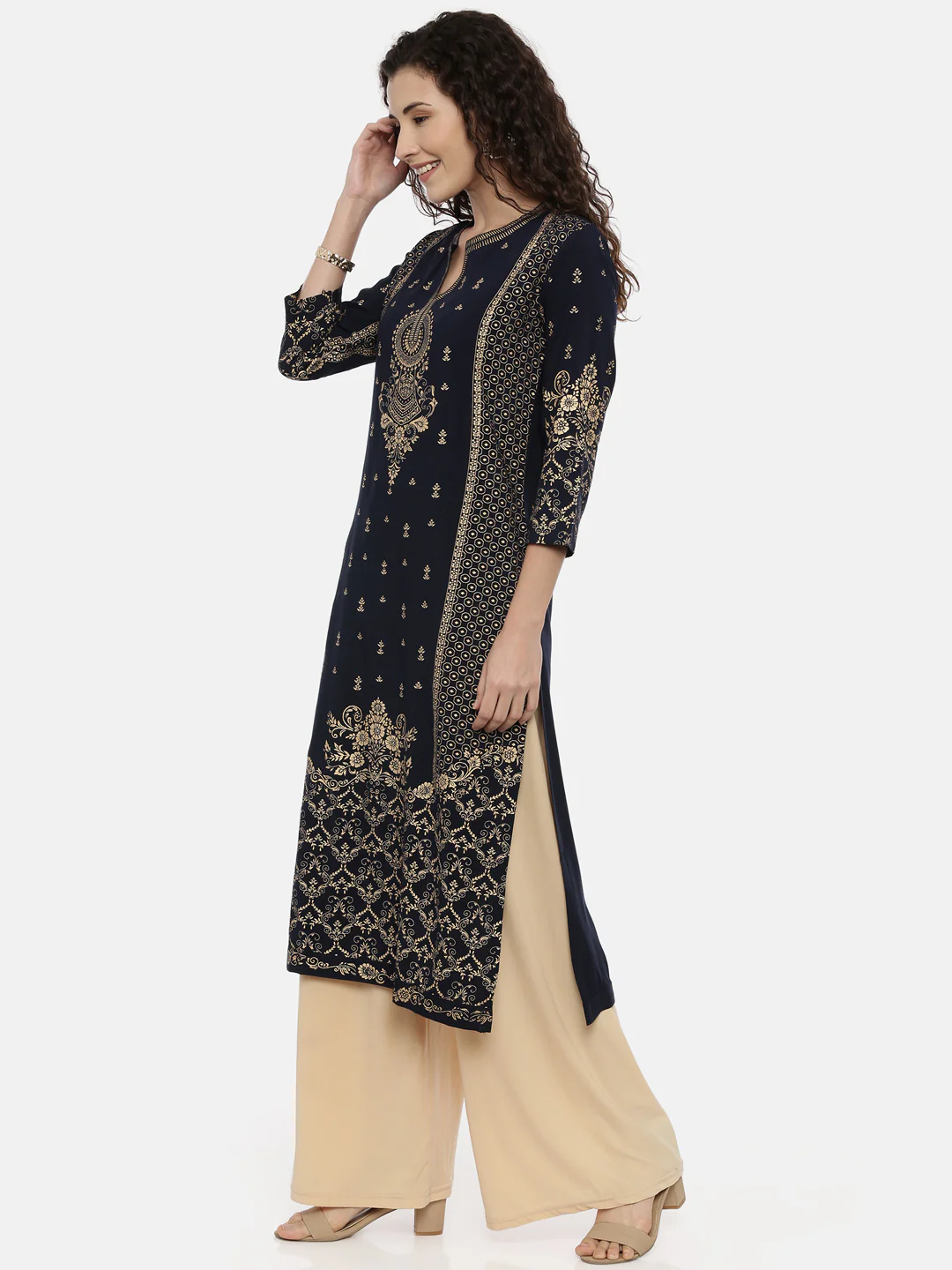 Neerus Navy Printed Straight Kurta - Image 3