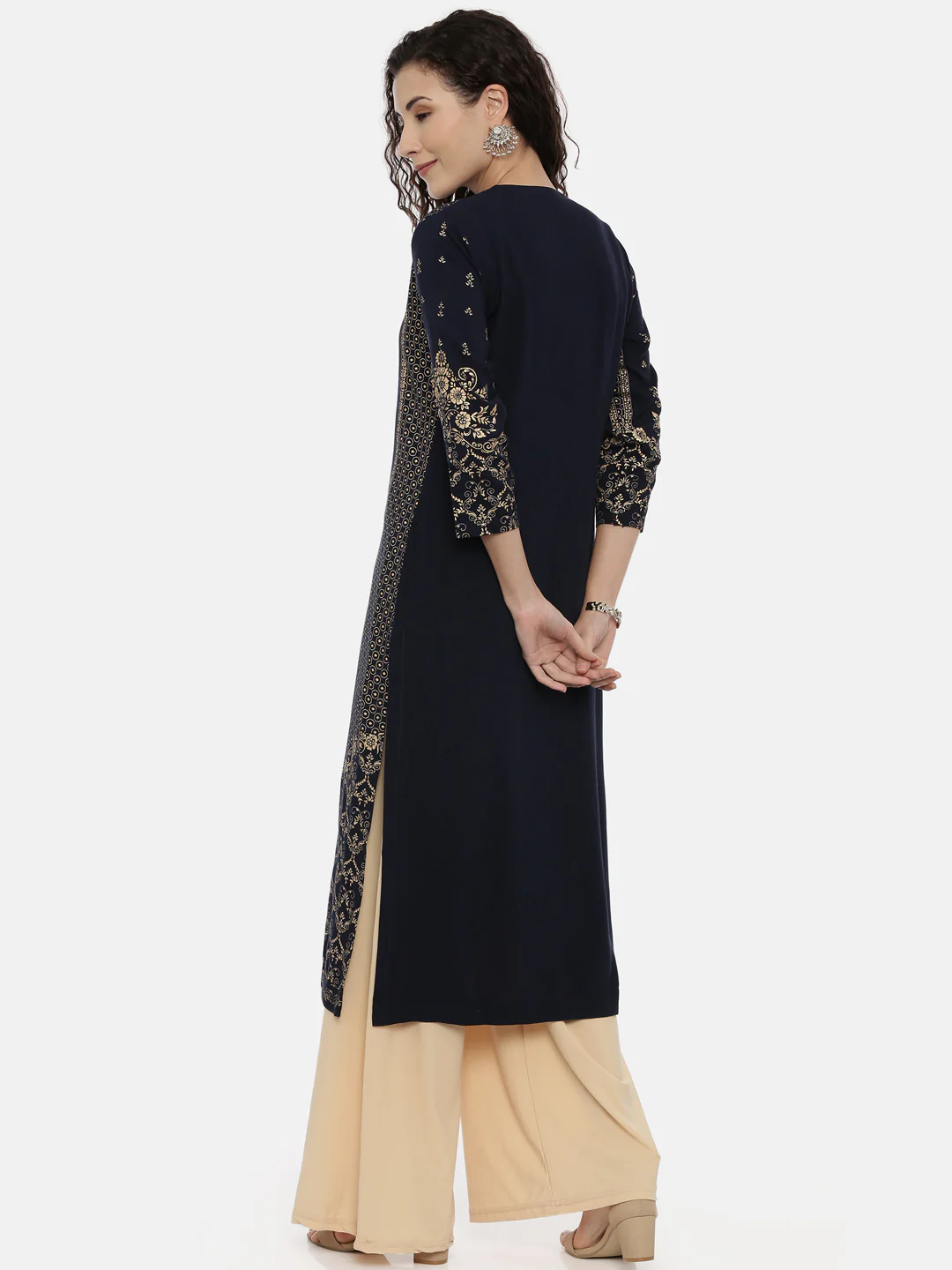 Neerus Navy Printed Straight Kurta - Image 4