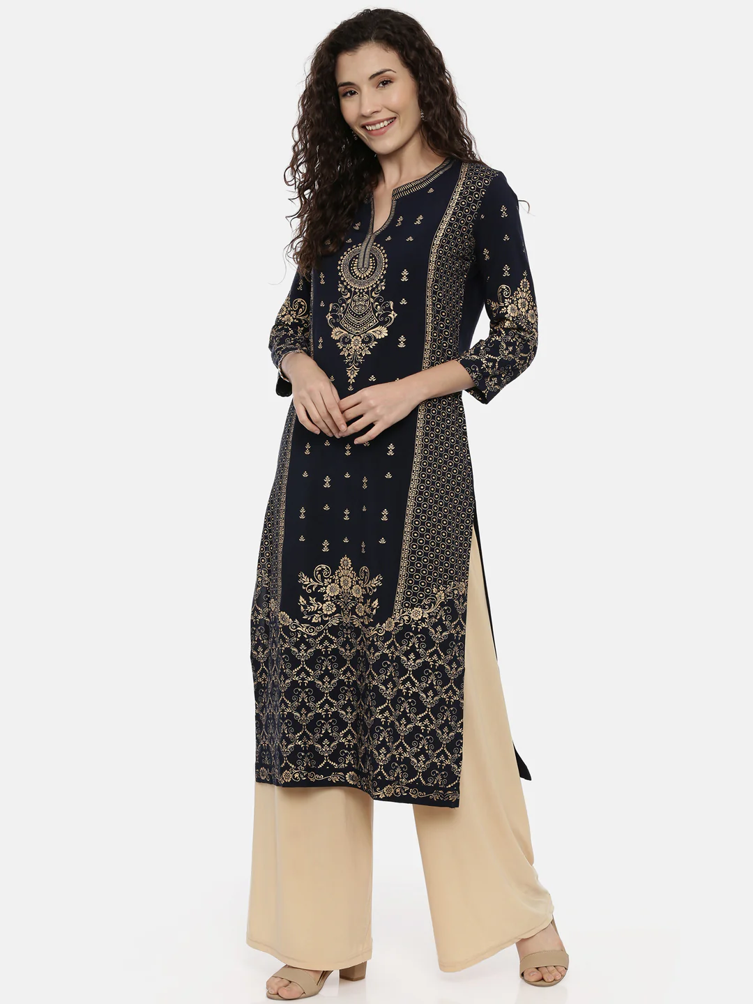 Neerus Navy Printed Straight Kurta - Image 5