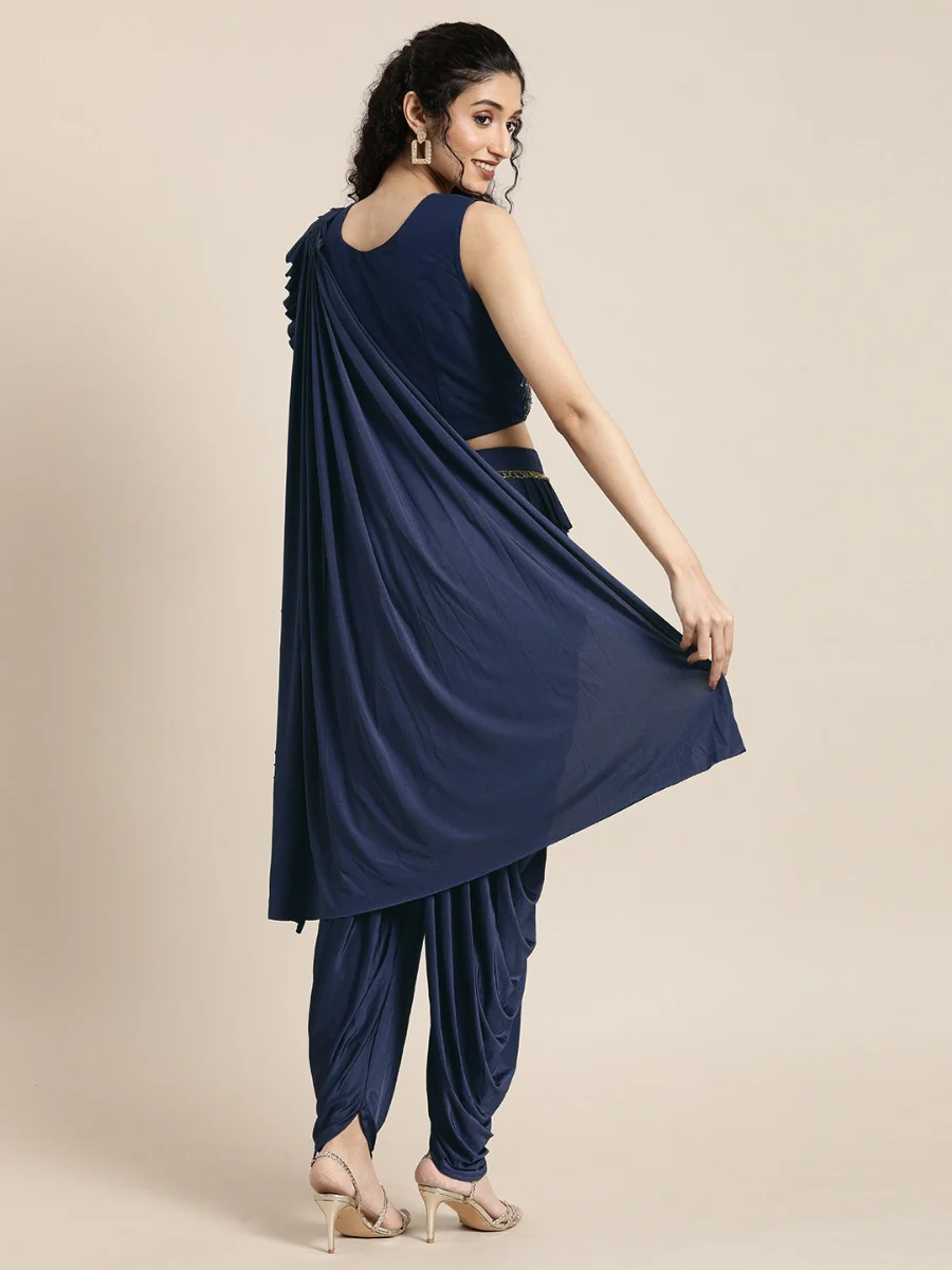 Neerus Navy Solid Ready To Wear Saree With Blouse - Image 5