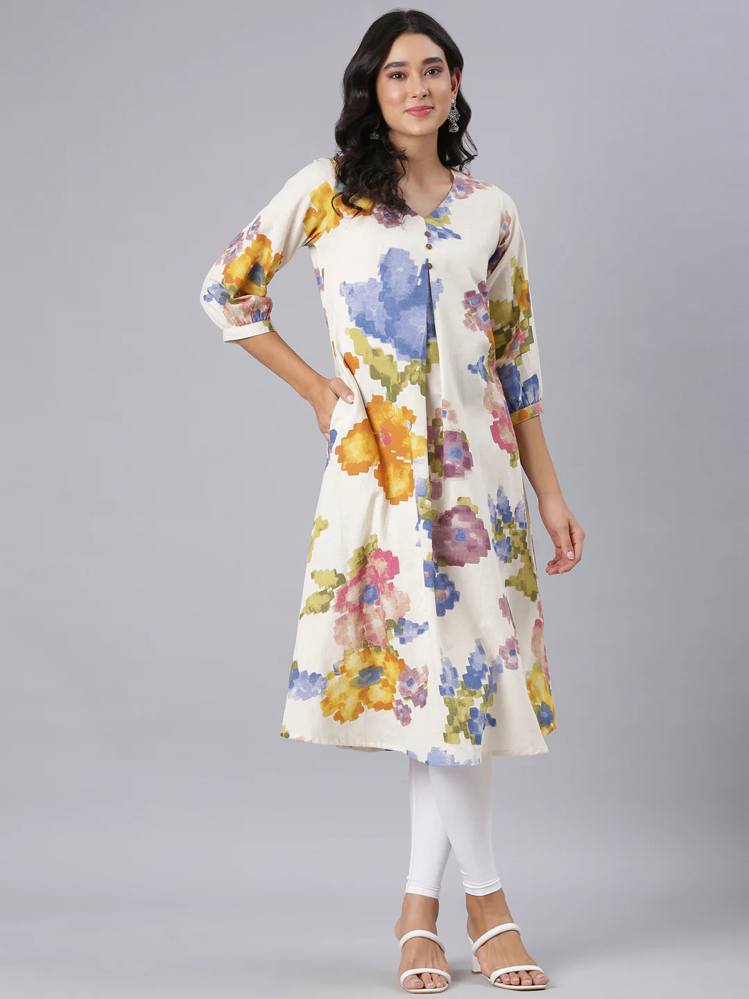 Neerus Off White A-Line Casual Floral Kurta - Image 5