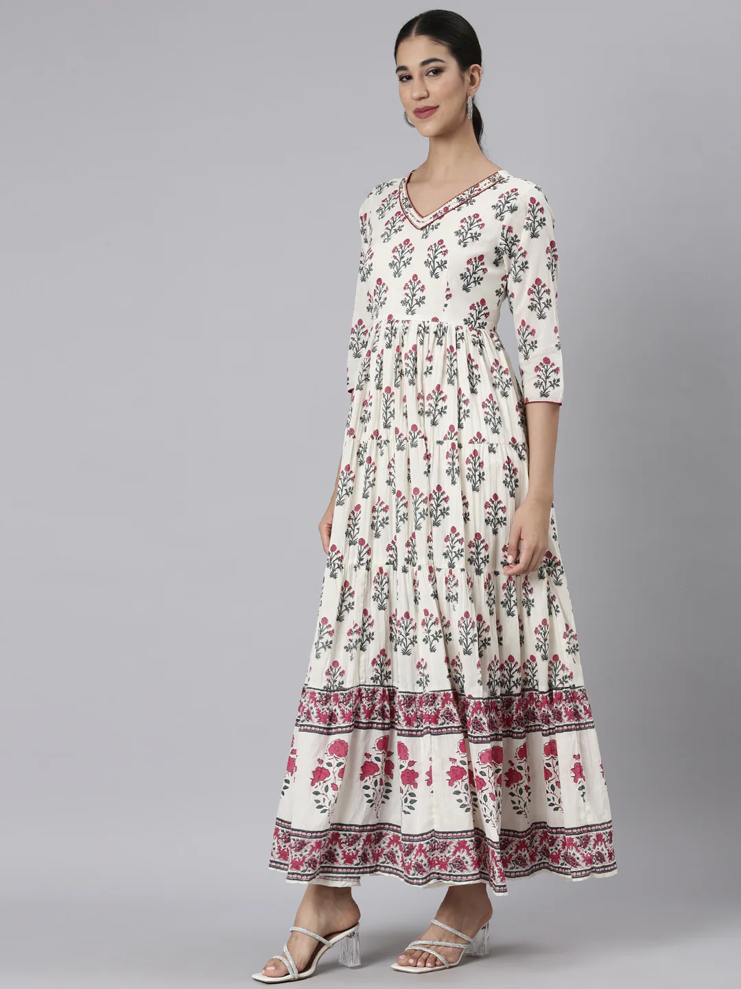 Neerus Off White Casual Maxi Floral Dresses - Image 2
