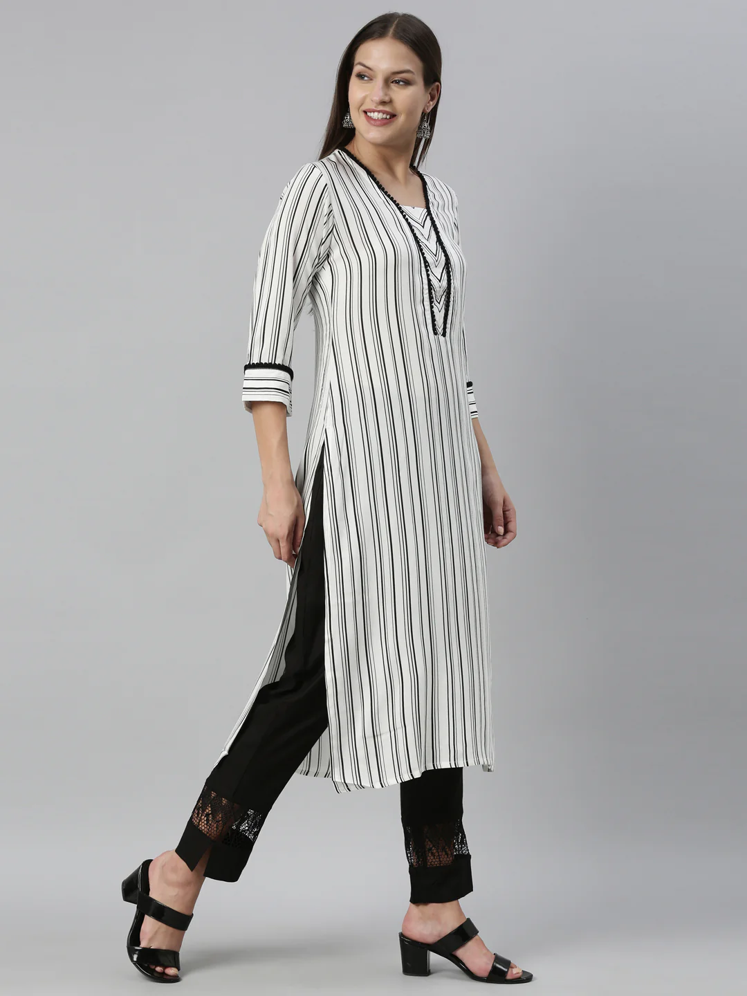 Neerus Off White Color Rayon Fabric Kurta & Palazzo Set - Image 4