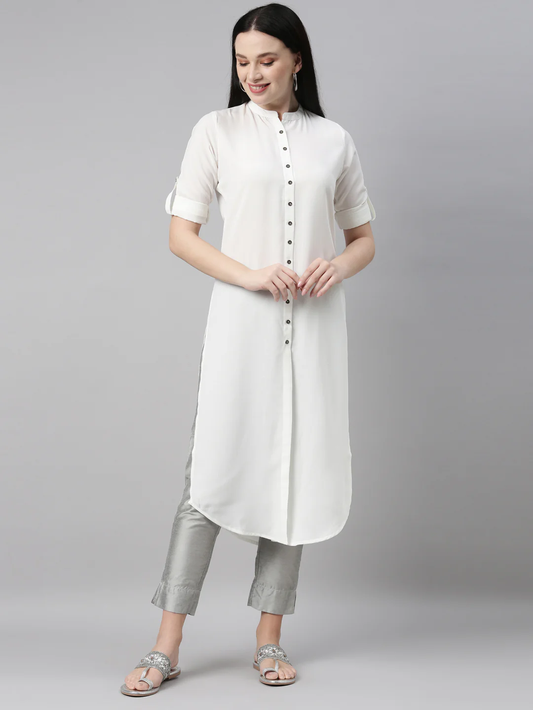 Neerus Off White Color Slub Rayon Fabric Kurta