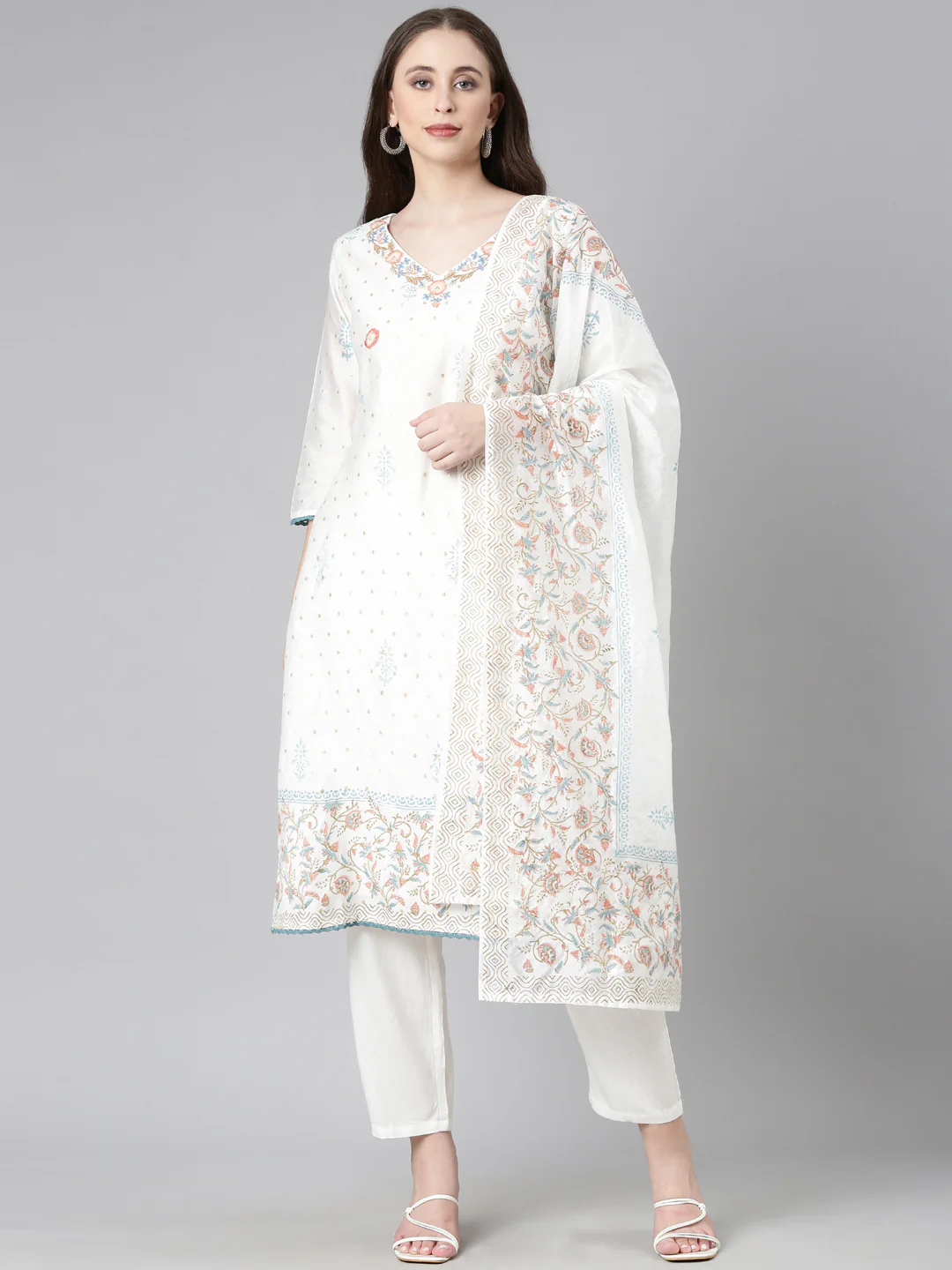 Neerus Off White Embroidered Straight Kurta and Trousers With Dupatta - Image 2