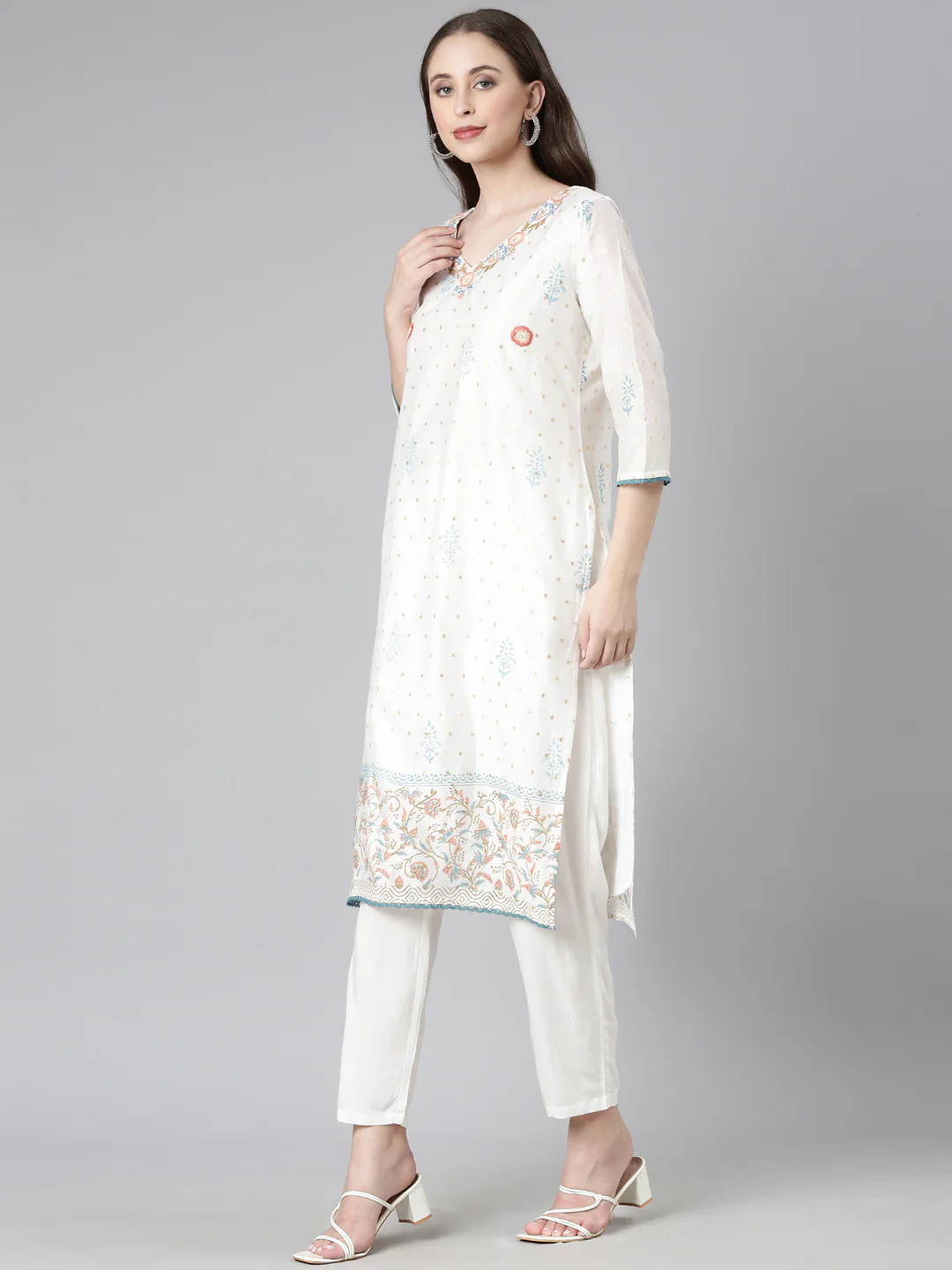 Neerus Off White Embroidered Straight Kurta and Trousers With Dupatta - Image 3