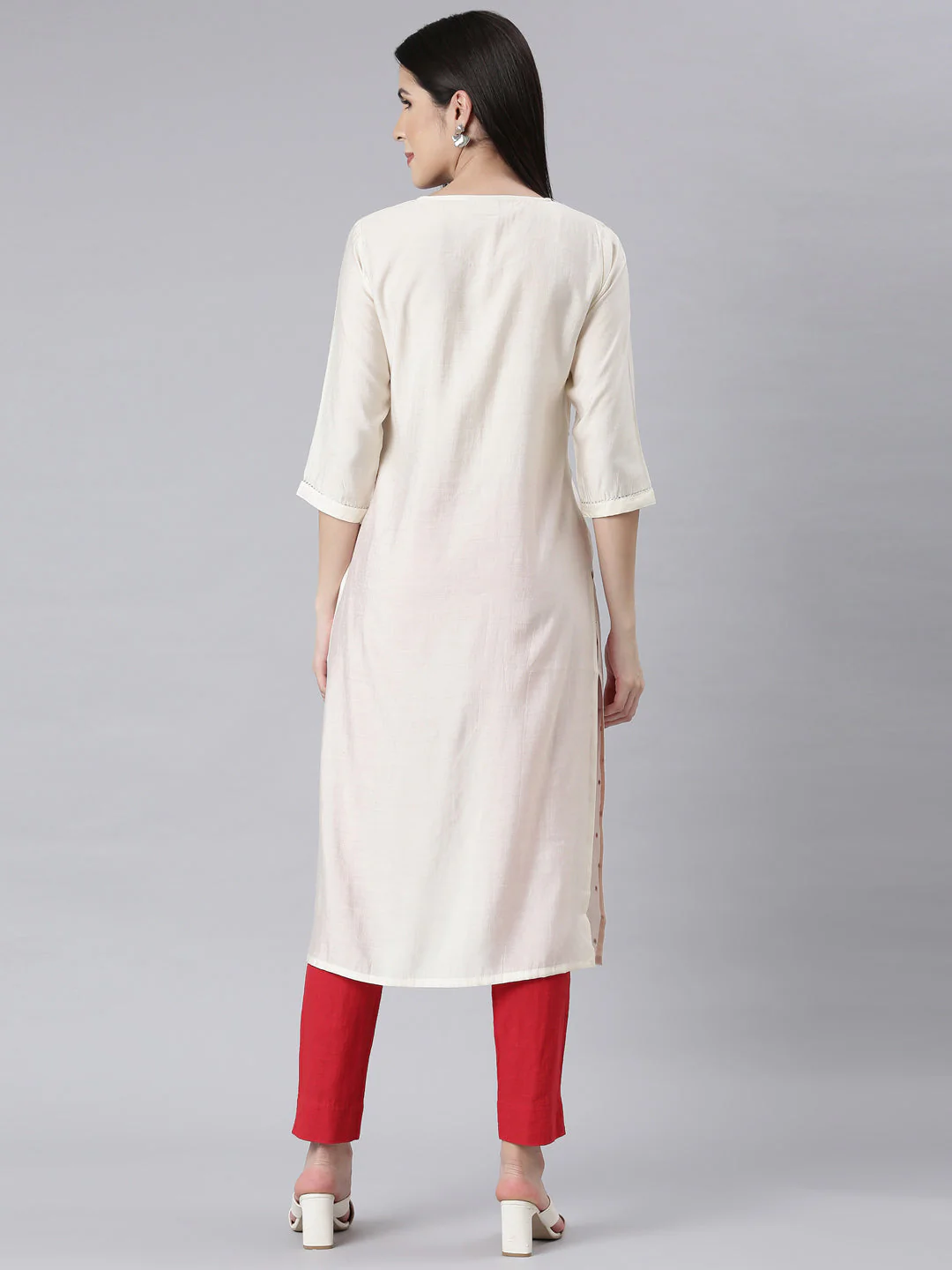 Neerus Off White Panelled Straight Embellished Kurta - Image 3