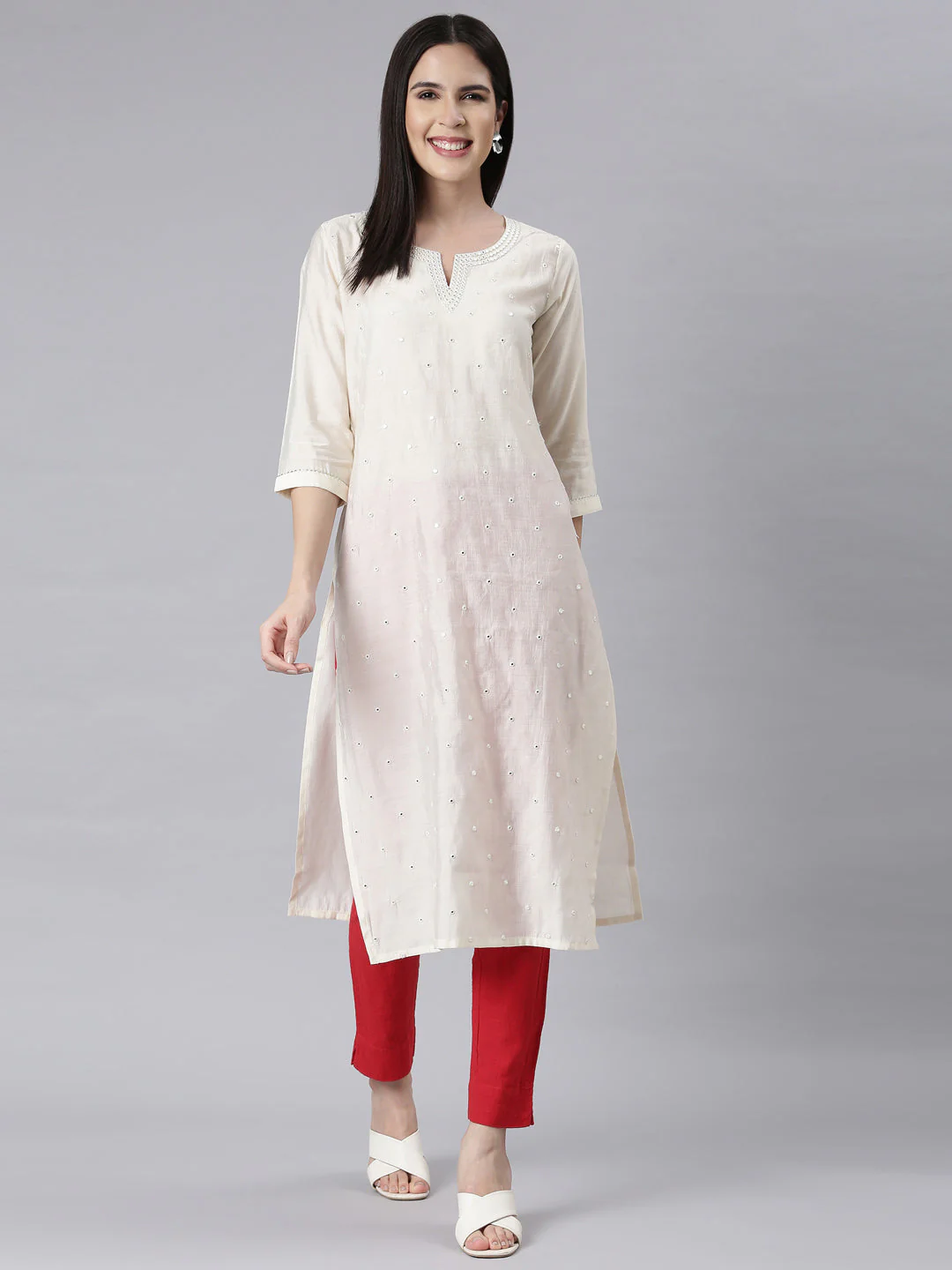 Neerus Off White Panelled Straight Embellished Kurta - Image 4