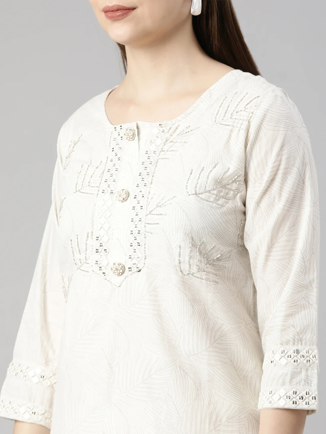 Neerus Off White Panelled Straight Floral Kurta And  Trousers With Dupatta - Image 4