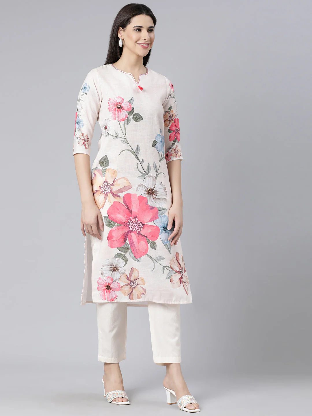 Neerus Off White Panelled Straight Printed Kurta And Trousers With Dupatta - Image 3