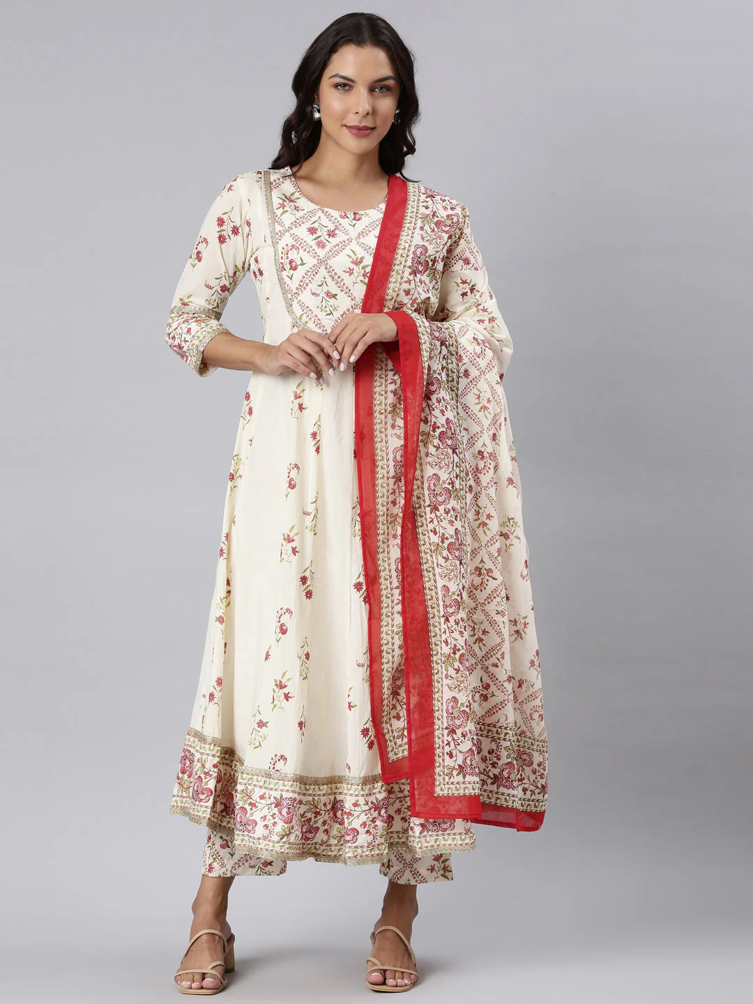Neerus Off White Panelled Printed Kurta And Trousers With Dupatta