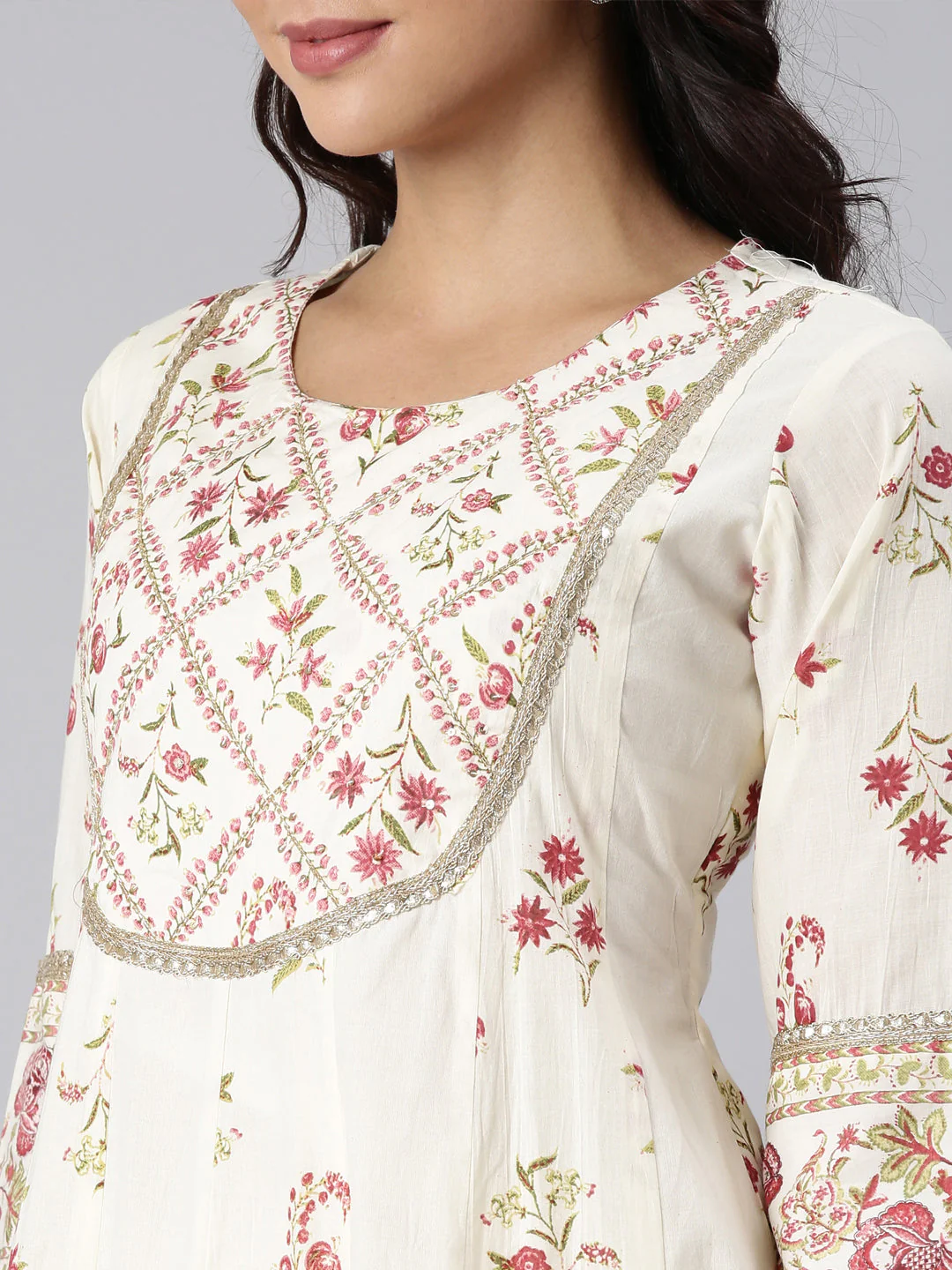 Neerus Off White Panelled Printed Kurta And Trousers With Dupatta - Image 5