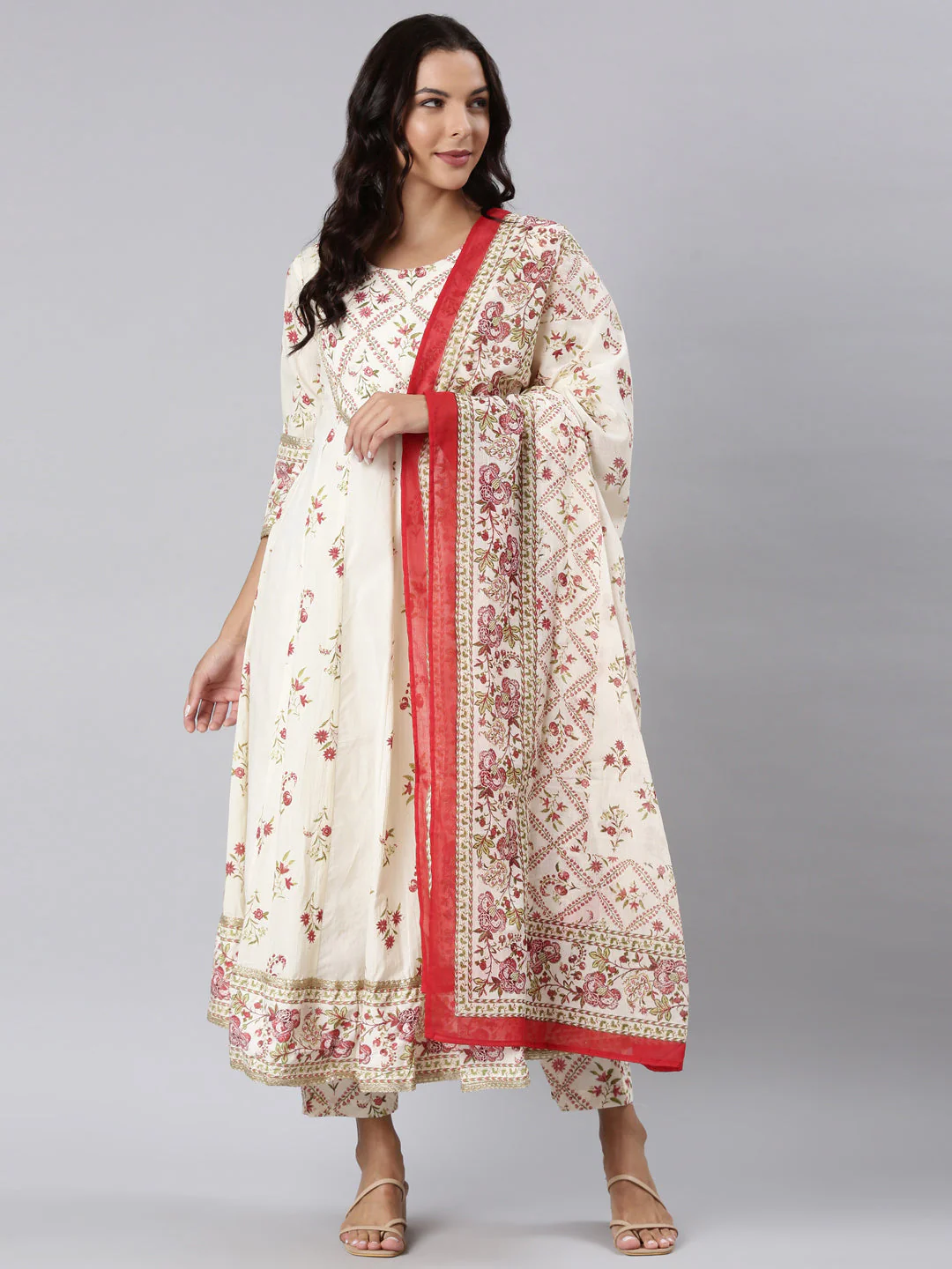 Neerus Off White Panelled Printed Kurta And Trousers With Dupatta - Image 6