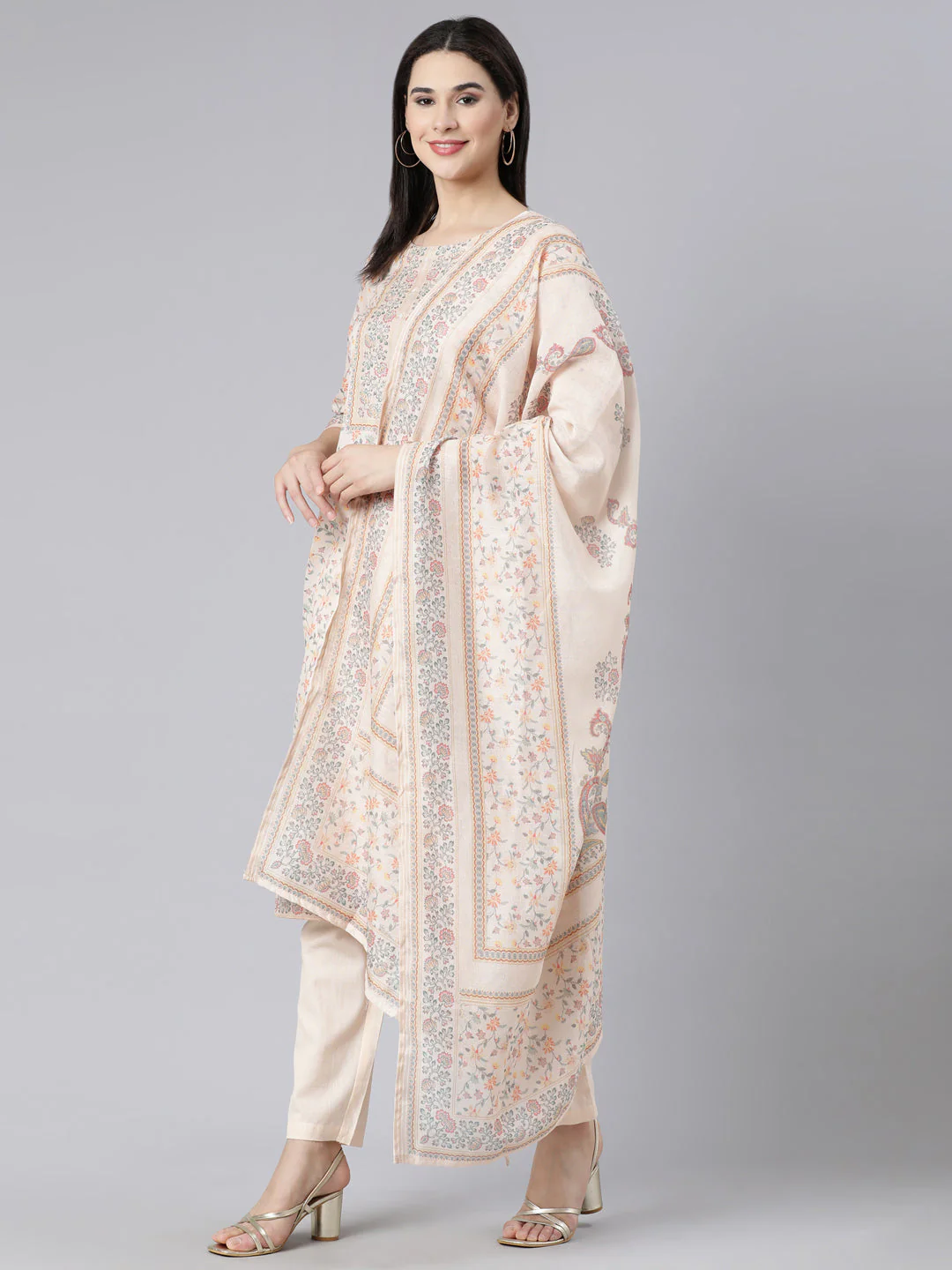 Neerus Off White Panelled Straight Printed Kurta And Trousers With Dupatta - Image 6