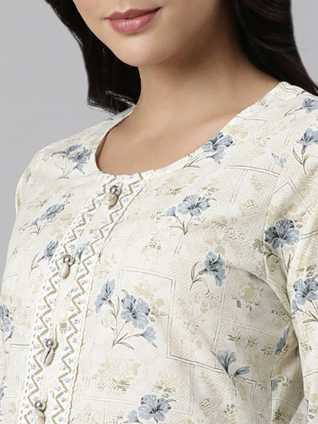 Neerus Off White Panelled Straight Printed Kurta And Trousers With Dupatta - Image 5