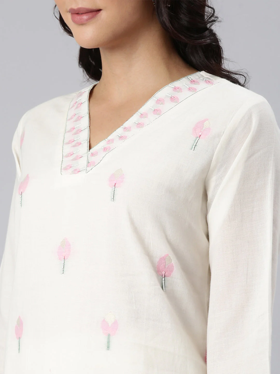 Neerus Off White Panelled Straight Woven Design Kurta And Trousers With Dupatta - Image 5