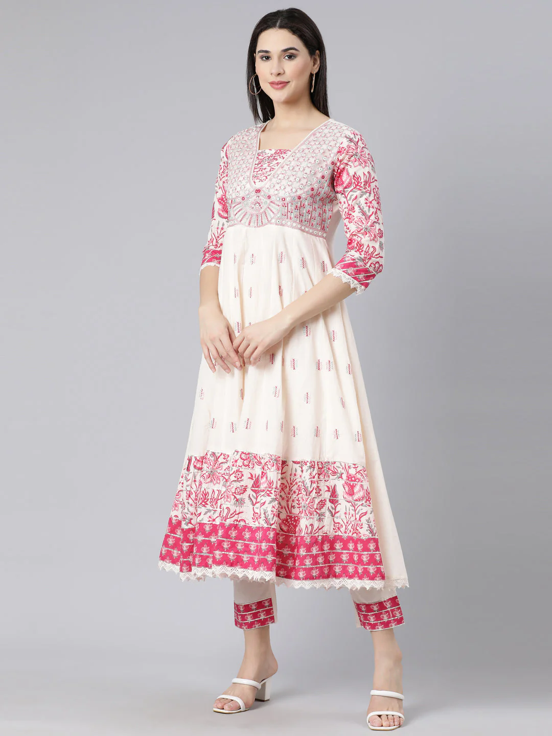 Neerus Off White Panelled Yoke Design Kurta And Trousers With Dupatta - Image 2