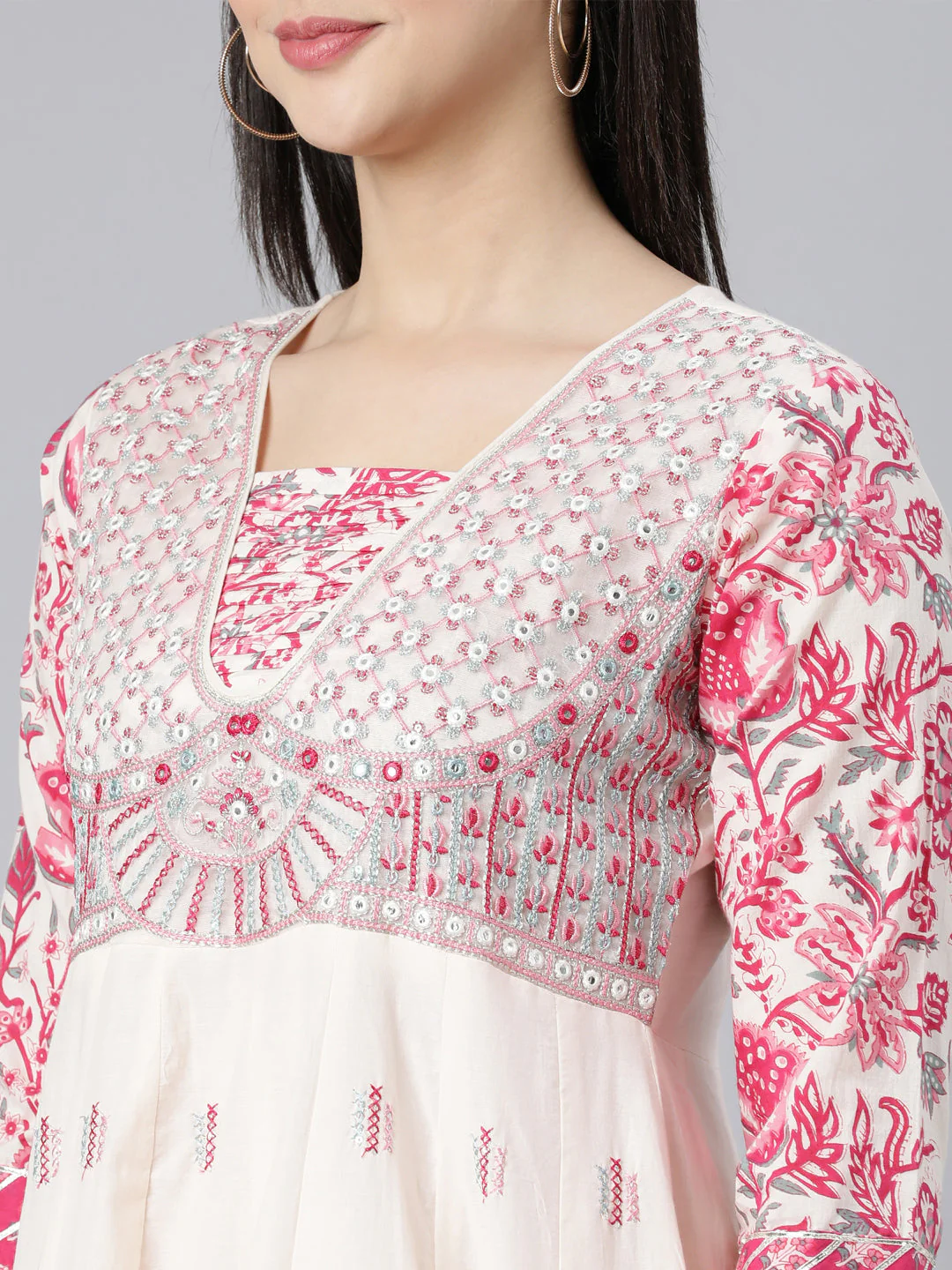 Neerus Off White Panelled Yoke Design Kurta And Trousers With Dupatta - Image 5
