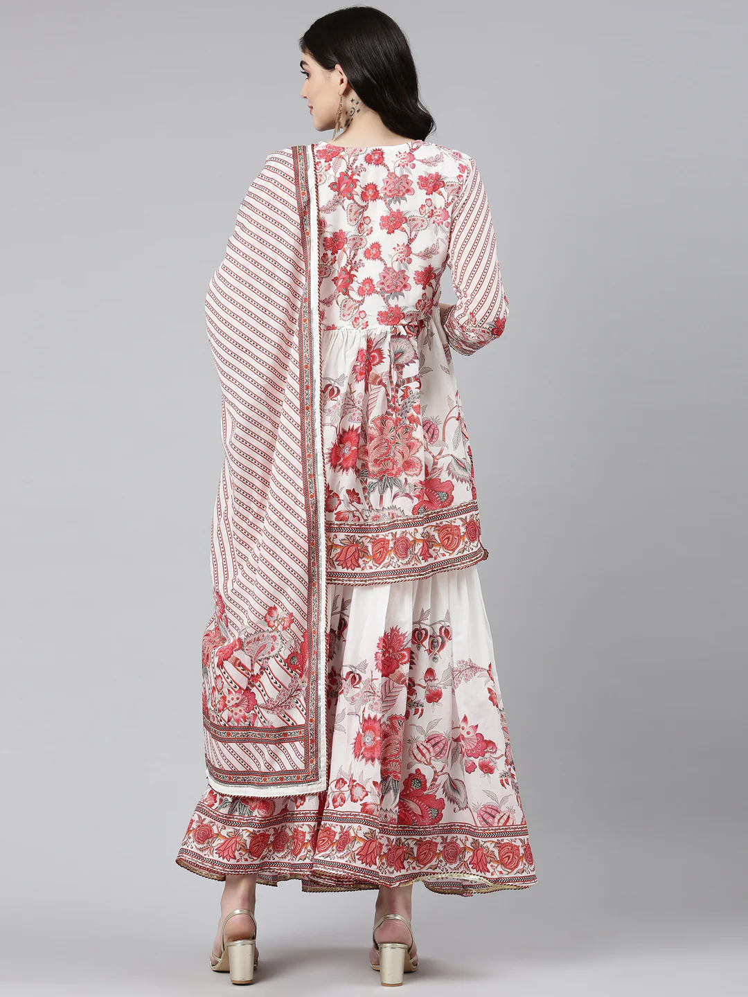 Neerus Off White Pleated Anarkali Printed Kurta And Sharara With Dupatta - Image 3