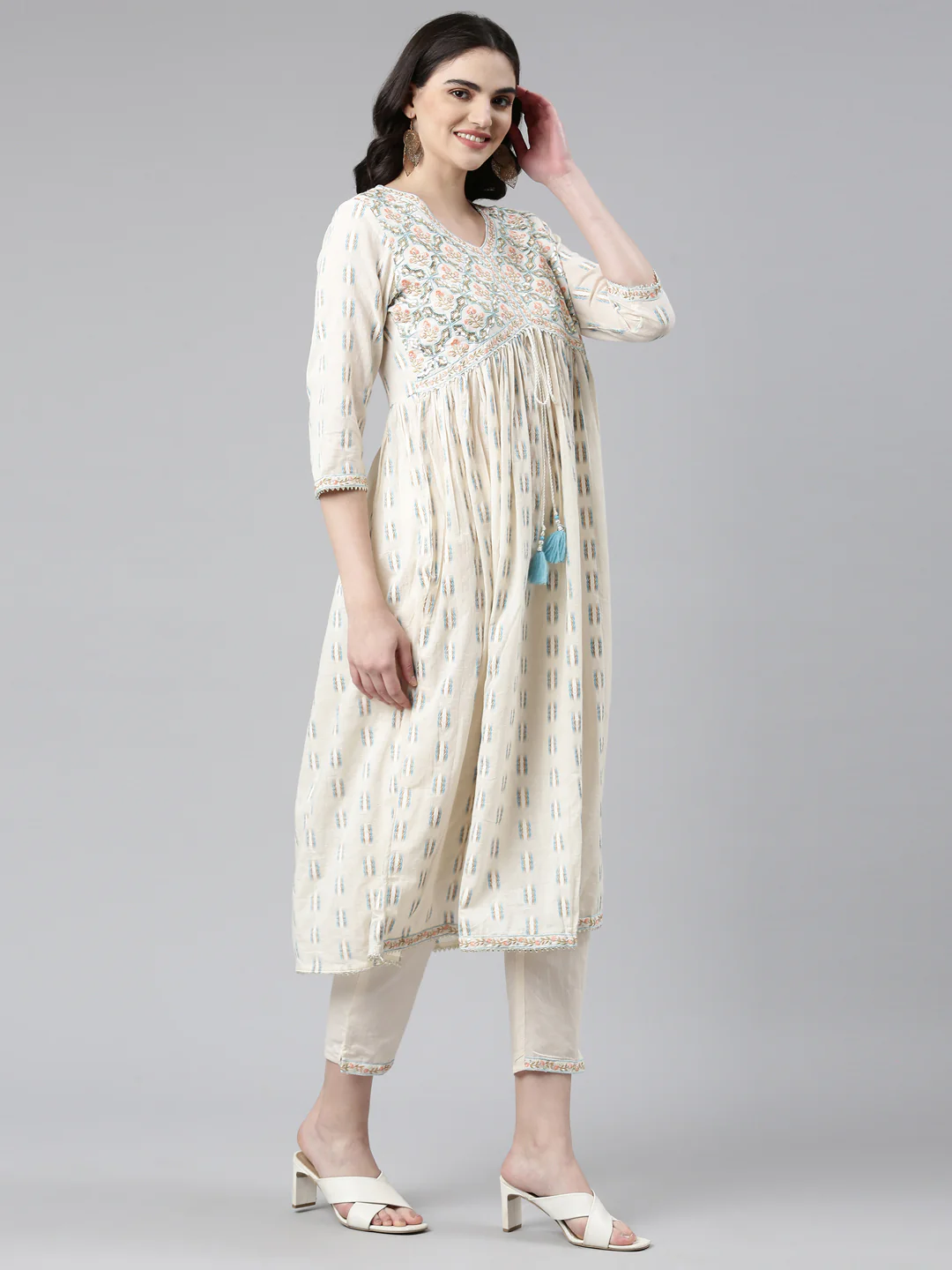 Neerus Off White Pleated Anarkali Printed Kurta And Trousers With Dupatta - Image 2