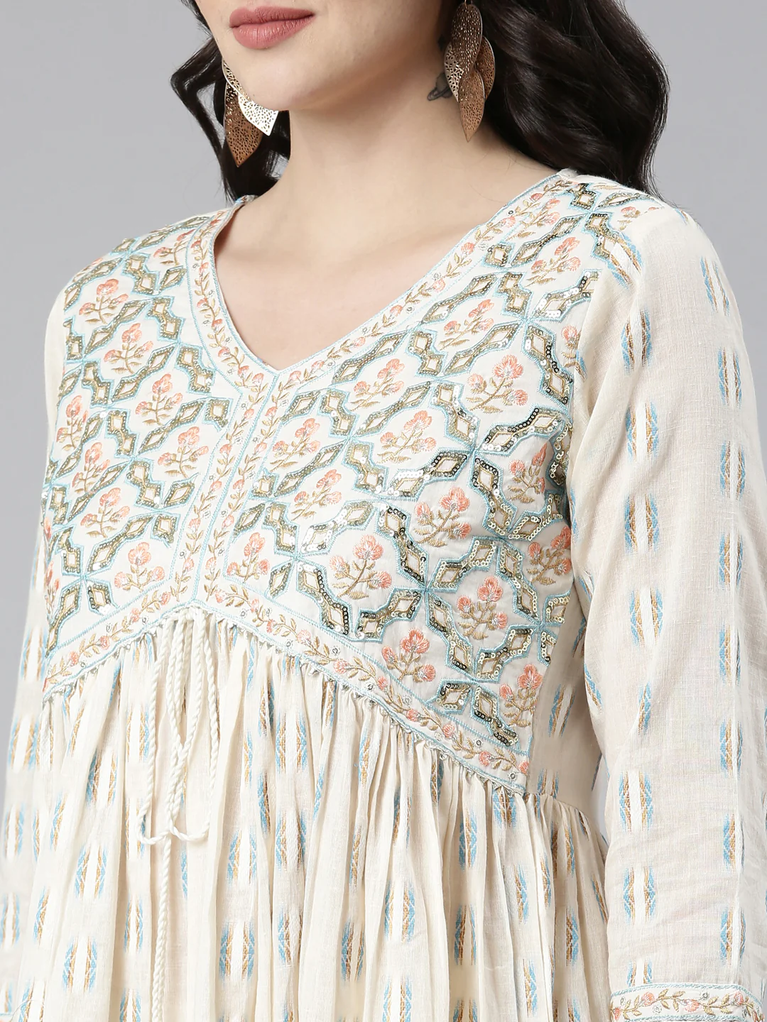 Neerus Off White Pleated Anarkali Printed Kurta And Trousers With Dupatta - Image 4