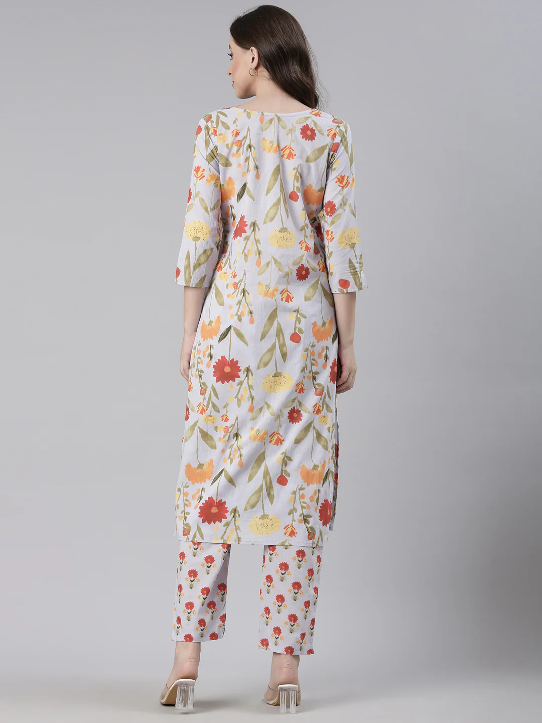 Neerus Off White Printed Straight Kurta and Trousers - Image 3