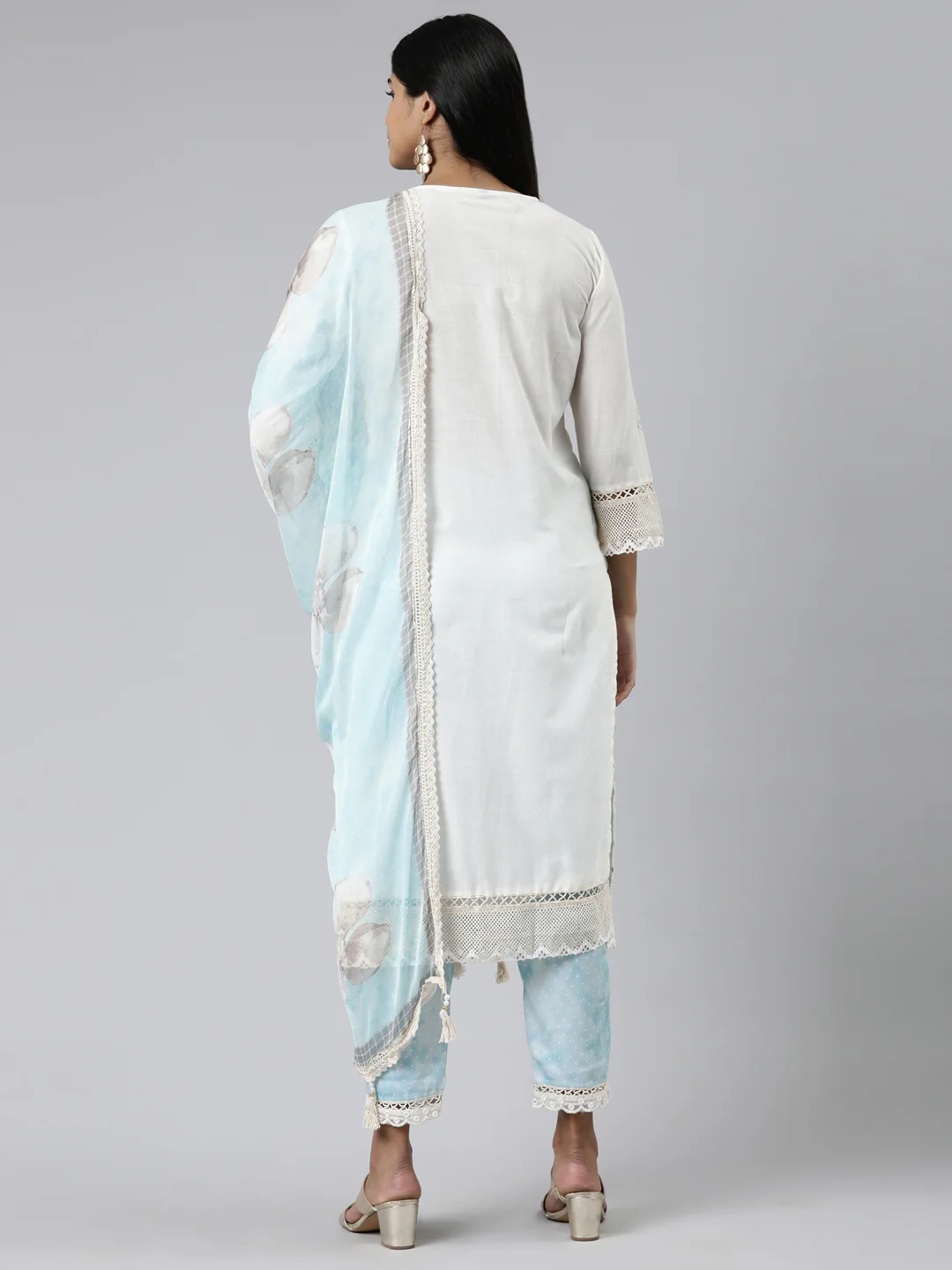 Neerus Off White Regular Calf Length Embroidered Kurta Printed Trousers With Dupatta - Image 3