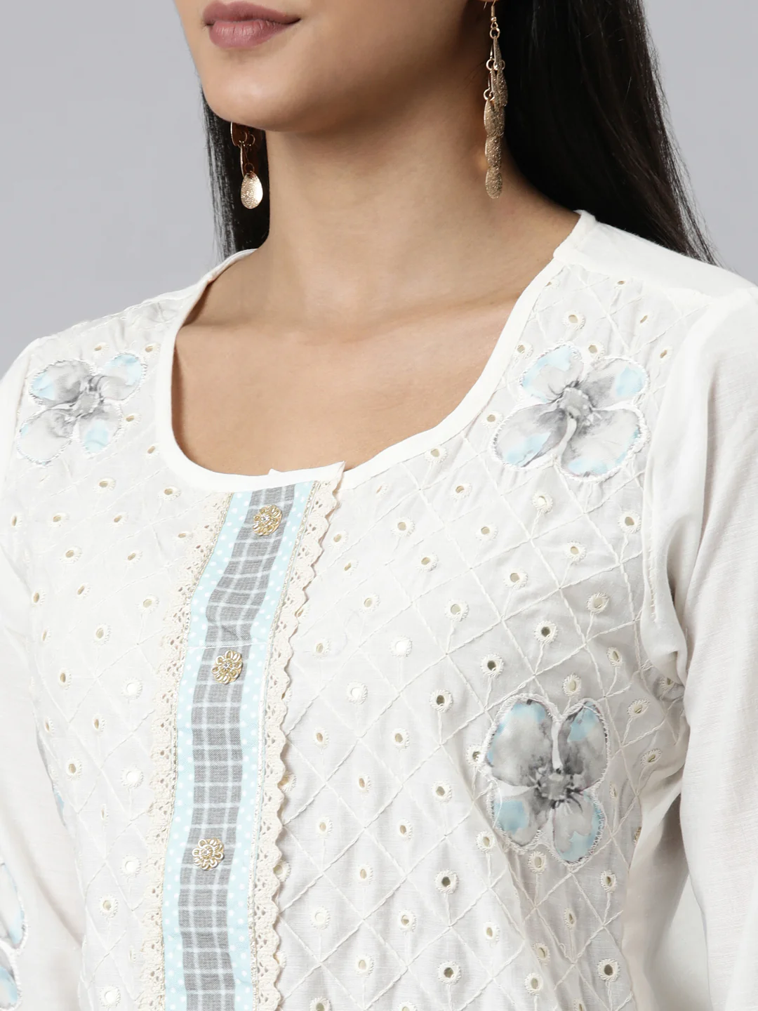 Neerus Off White Regular Calf Length Embroidered Kurta Printed Trousers With Dupatta - Image 4