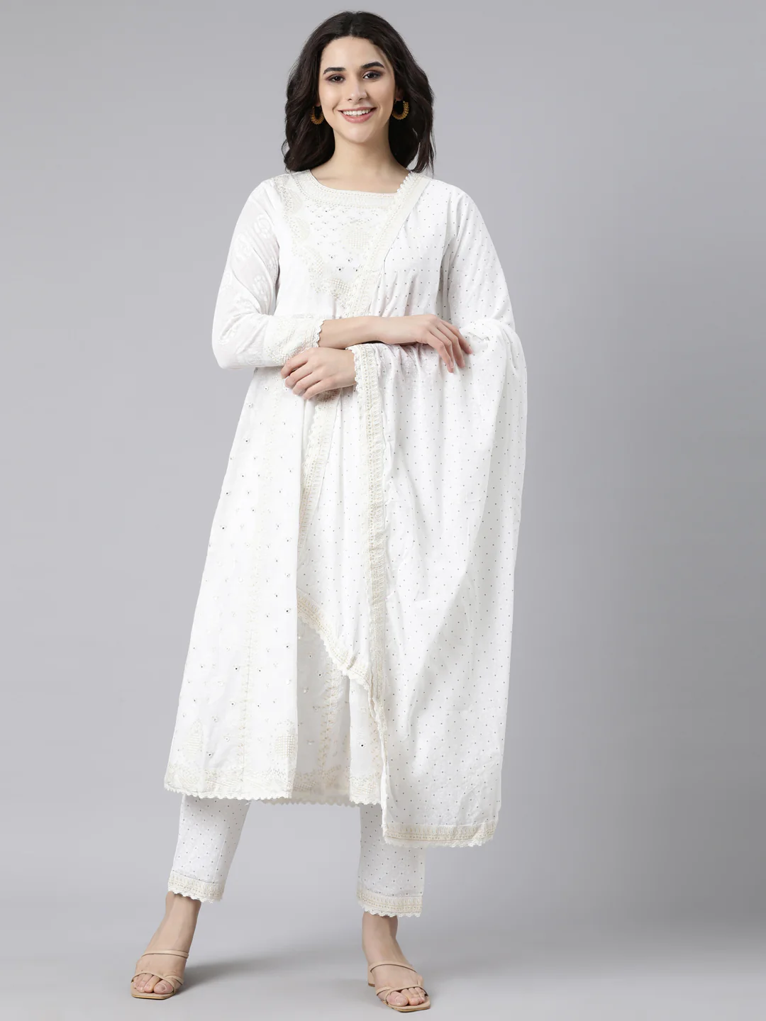 Neerus Off White Regular Straight Floral Kurta And Trousers With Dupatta