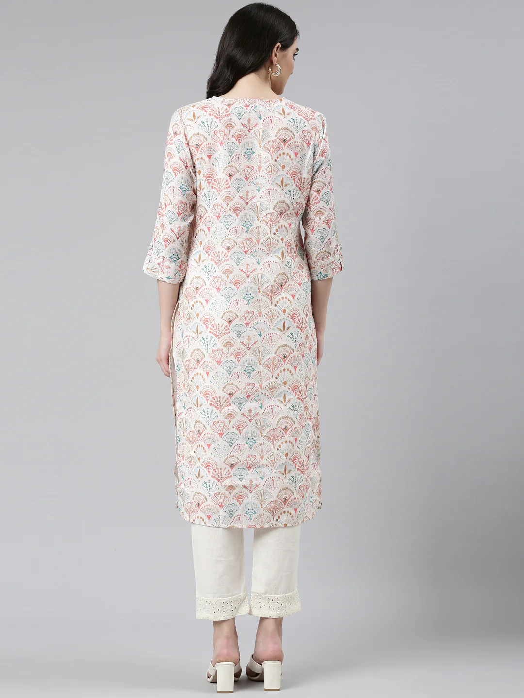 Neerus Off White Regular Straight Printed Kurta And Trousers - Image 3