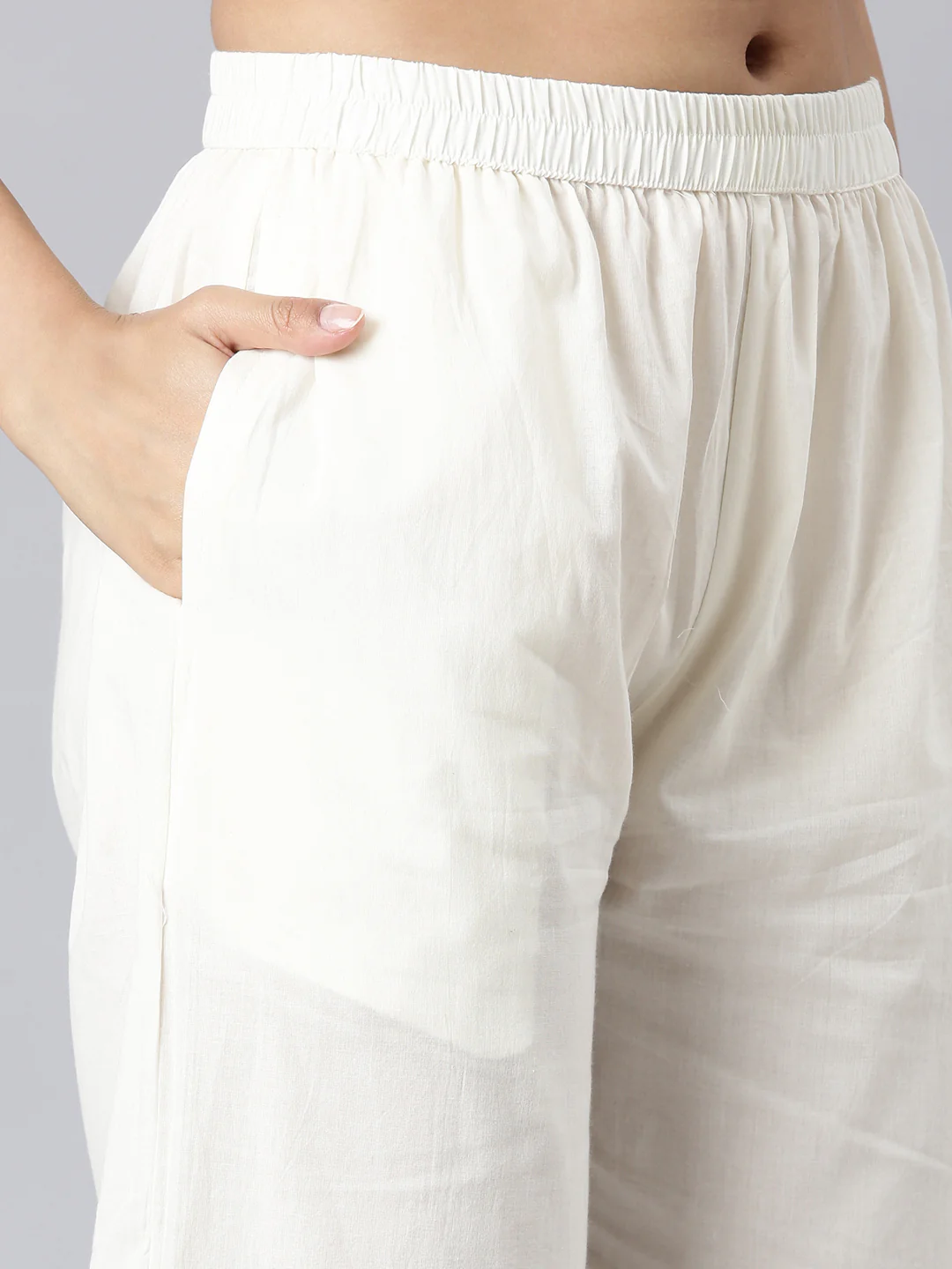 Neerus Off White Solid Curved Kurta and Trousers With Dupatta - Image 6