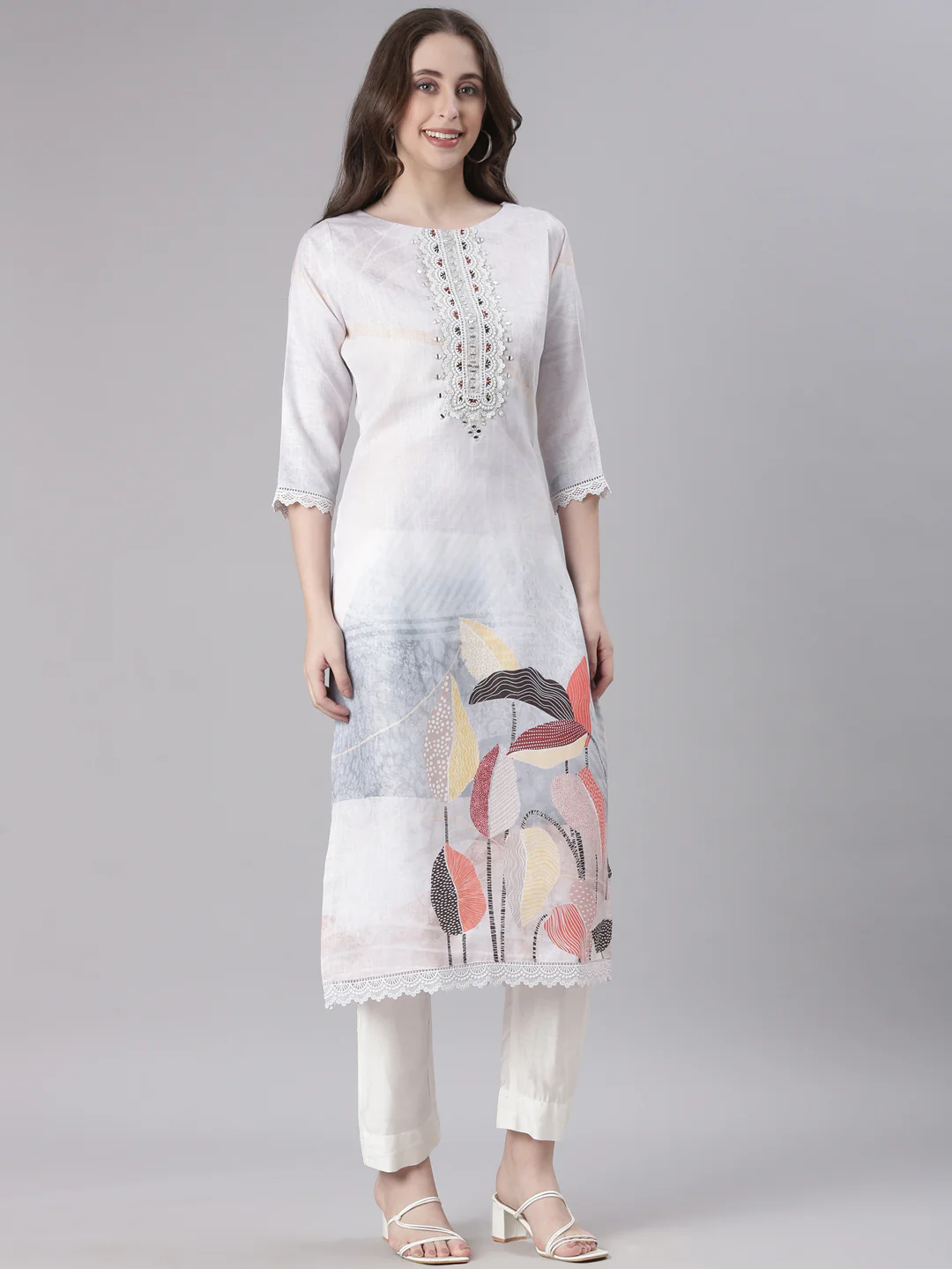 Neerus Off White Solid Straight Kurta and Trousers With Dupatta - Image 2
