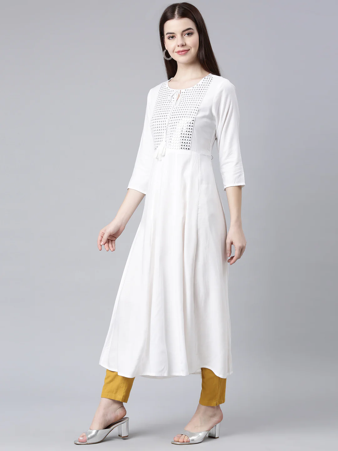 Neerus Off White Straight Casual Solid Anarkali Kurta - Image 2