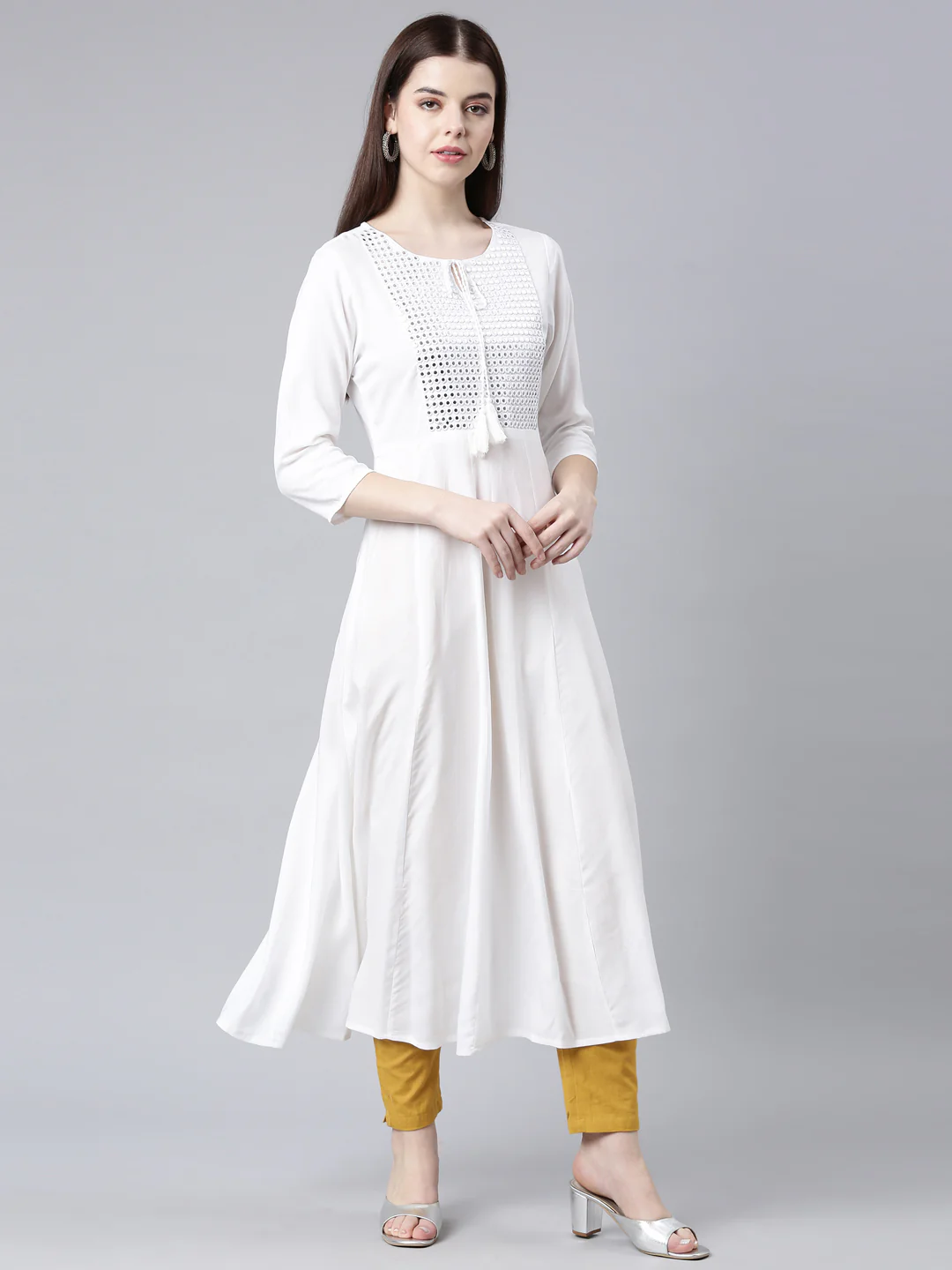 Neerus Off White Straight Casual Solid Anarkali Kurta - Image 3